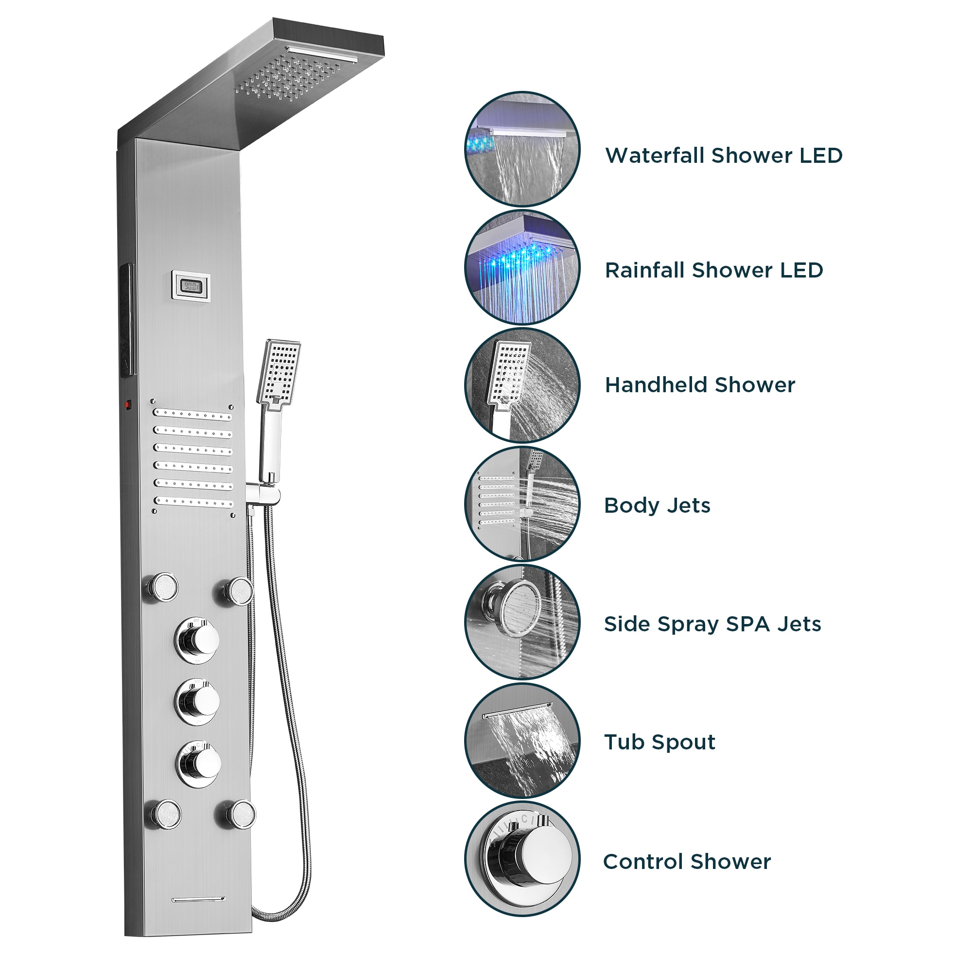 ELLO&ALLO Stainless Steel Shower Panel Tower System,LED Rainfall Waterfall  Shower Head 6-Function Faucet Rain Massage System with Body Jets, Brushed  Nickel 