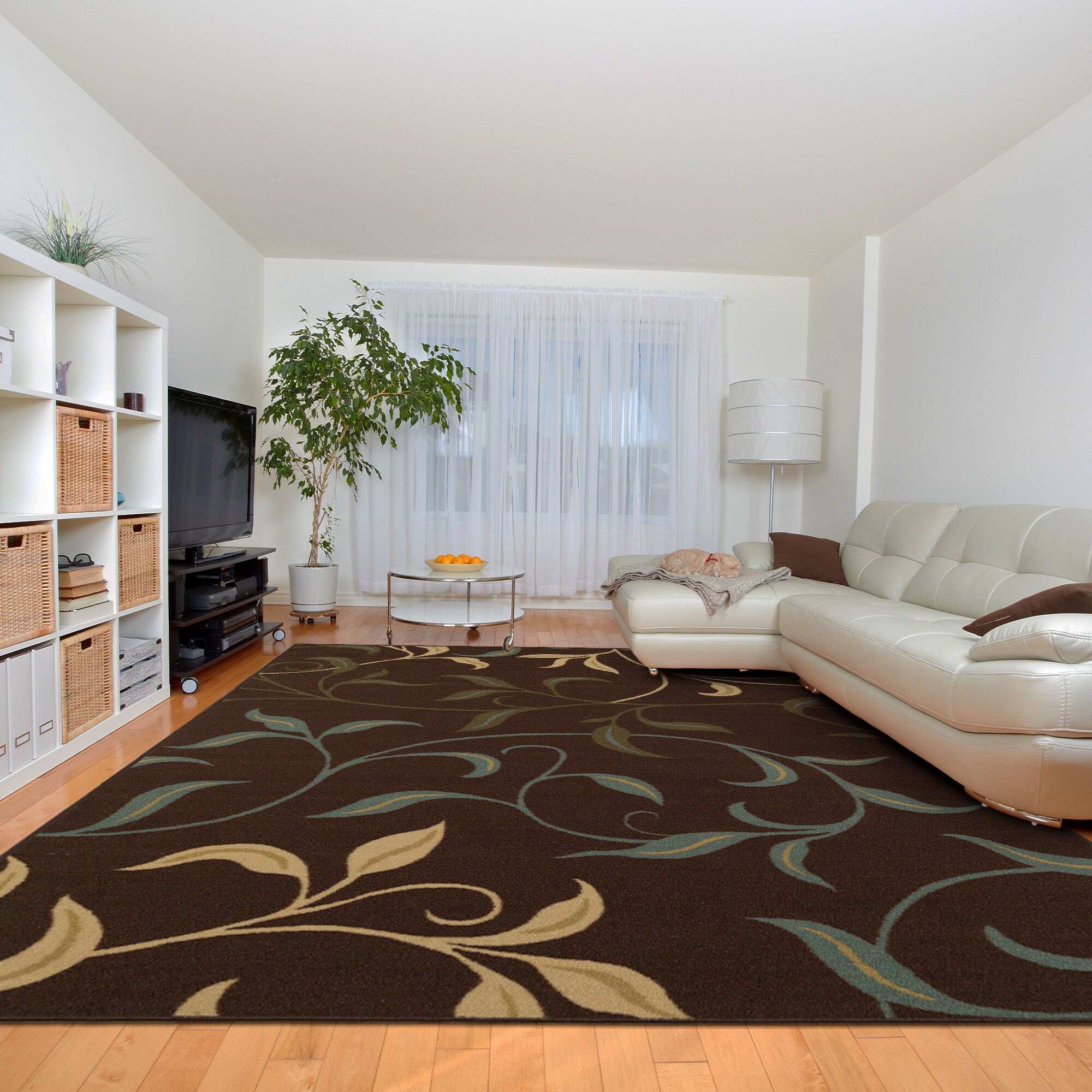 Ottomanson CLS3068-8X10 Leaves Rug For Dining Room 8 x 10 (ft) Loomed Nylon Brown Rectangular Indoor Floral/Botanical Area rug
