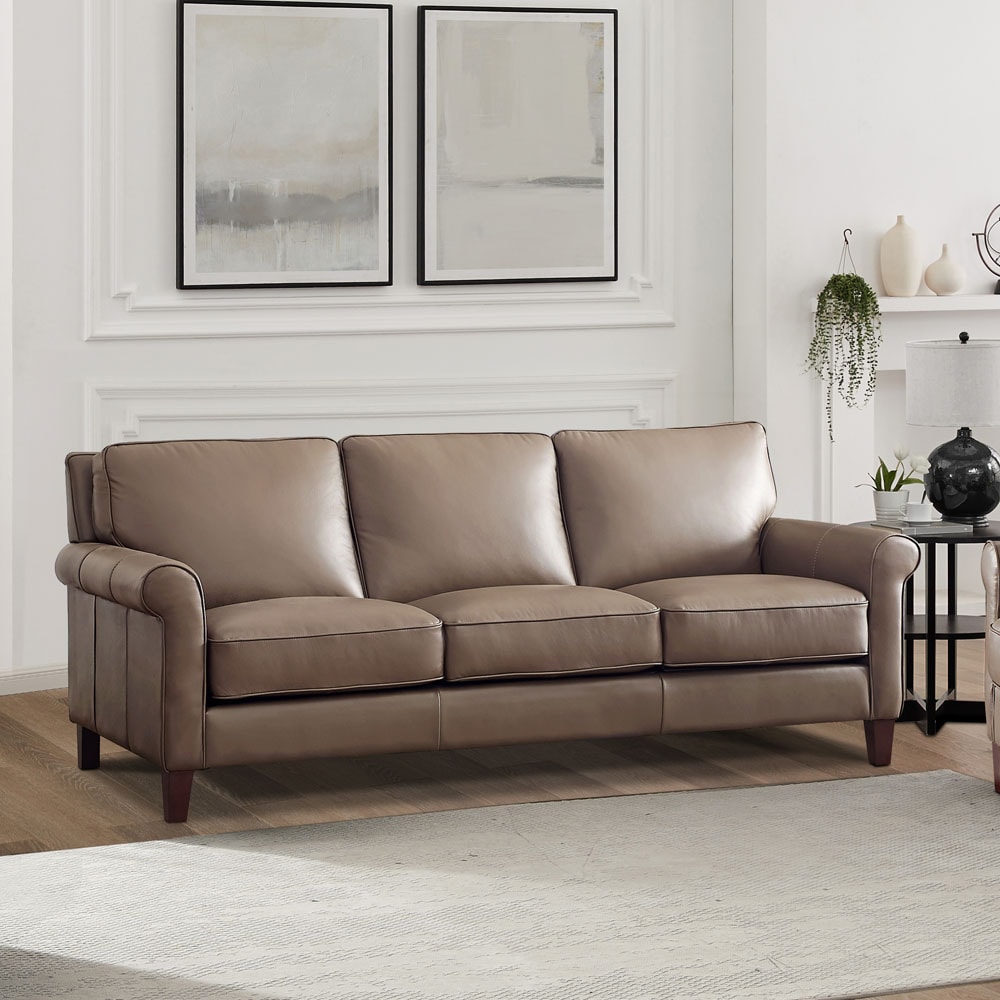 Hydeline Laguna 86-in Midcentury Taupe Genuine Leather 3-seater Sofa at ...