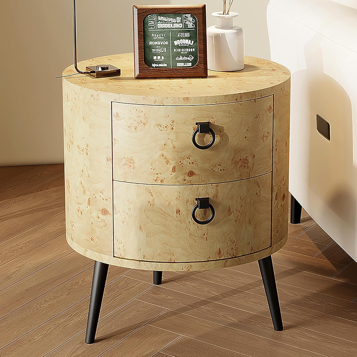 Qeetex LHF-BZ-PHO-346UKRXP Round Side Table with Drawers Modern Night Stand with Storage Wooden Accent End Table Circle Bedside Table with Metal Legs for Living Room Bedroom (Gold)