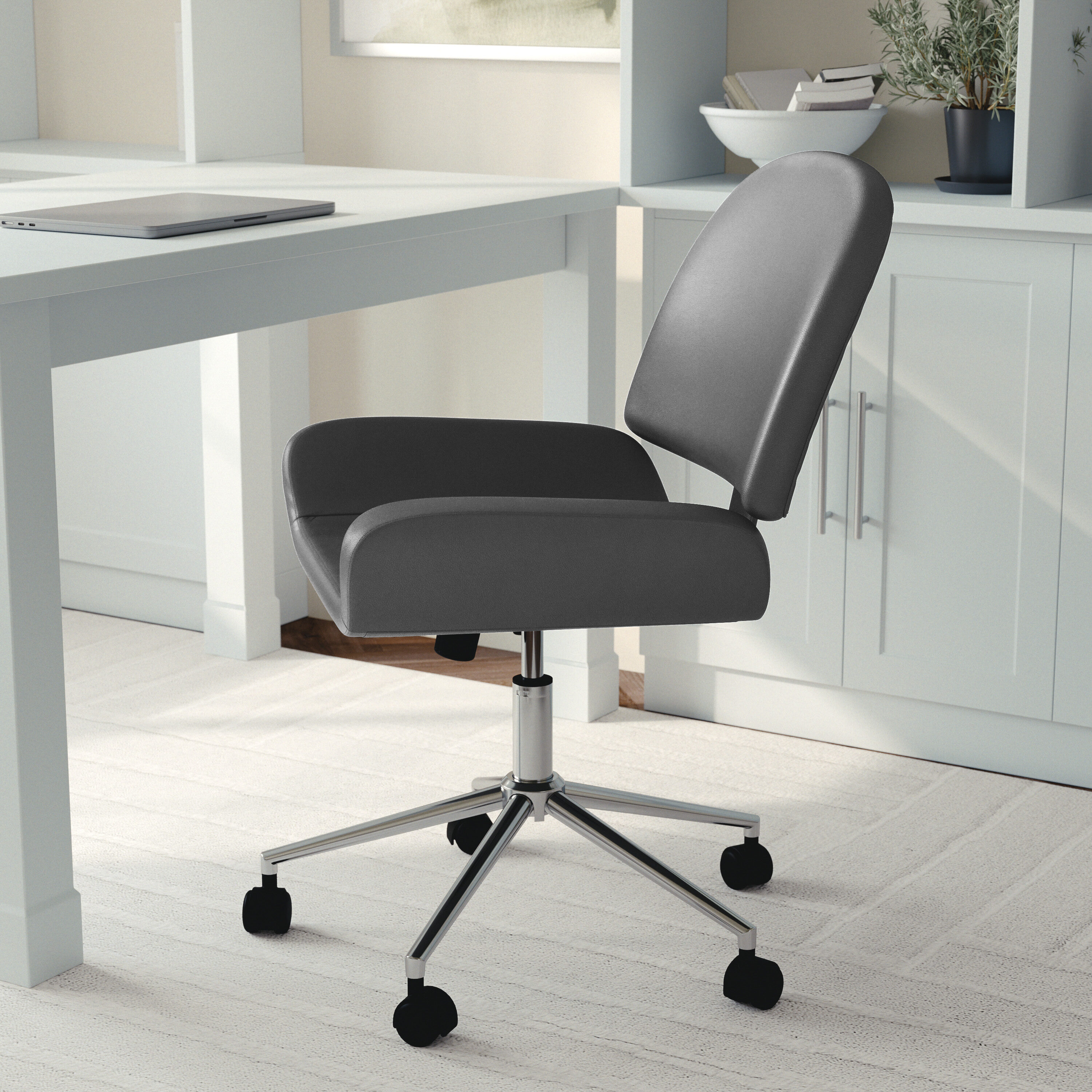 Gray Faux Leather Armless Swivel Office Chair with Polished Nickel Frame