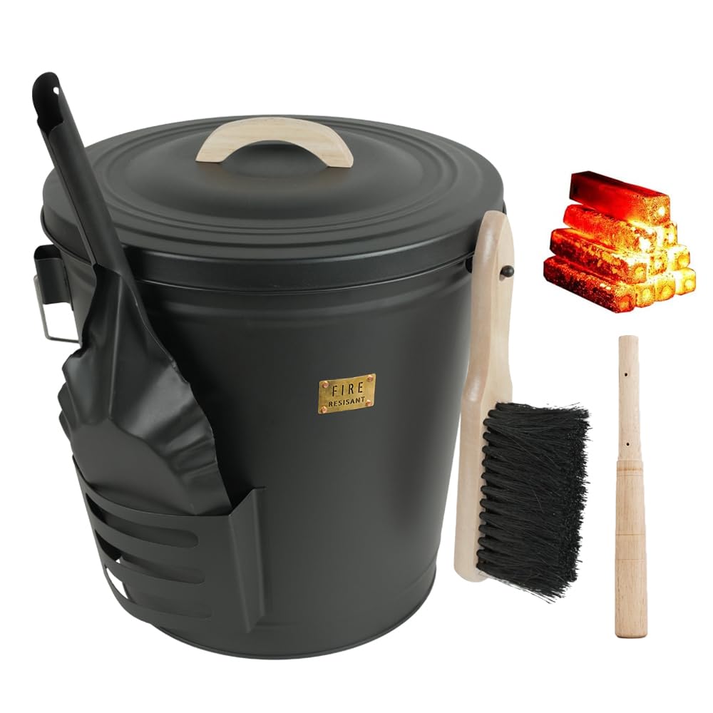 Phyfalip Large Metal Ash Bucket with Lid and Shovel Hand Broom and Stick 5.2 Gallon Capacity for Fireplace Tools Set Fire Pits Wood Burning #LPF0818P049