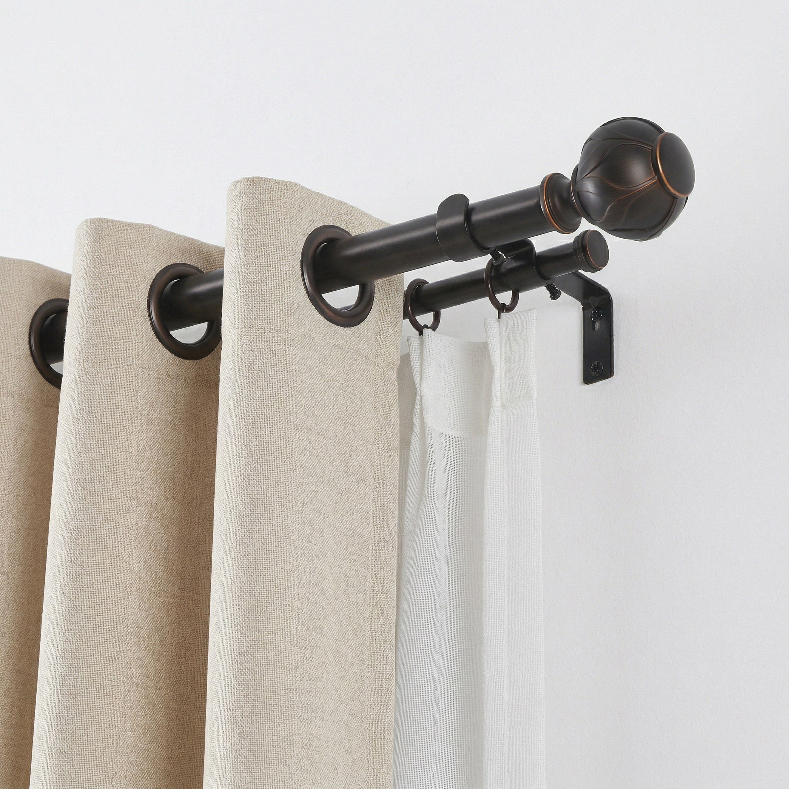 KAWOTI 36-in to 72-in Oil Rubbed Bronze Iron Corner Double Curtain Rod with Finials