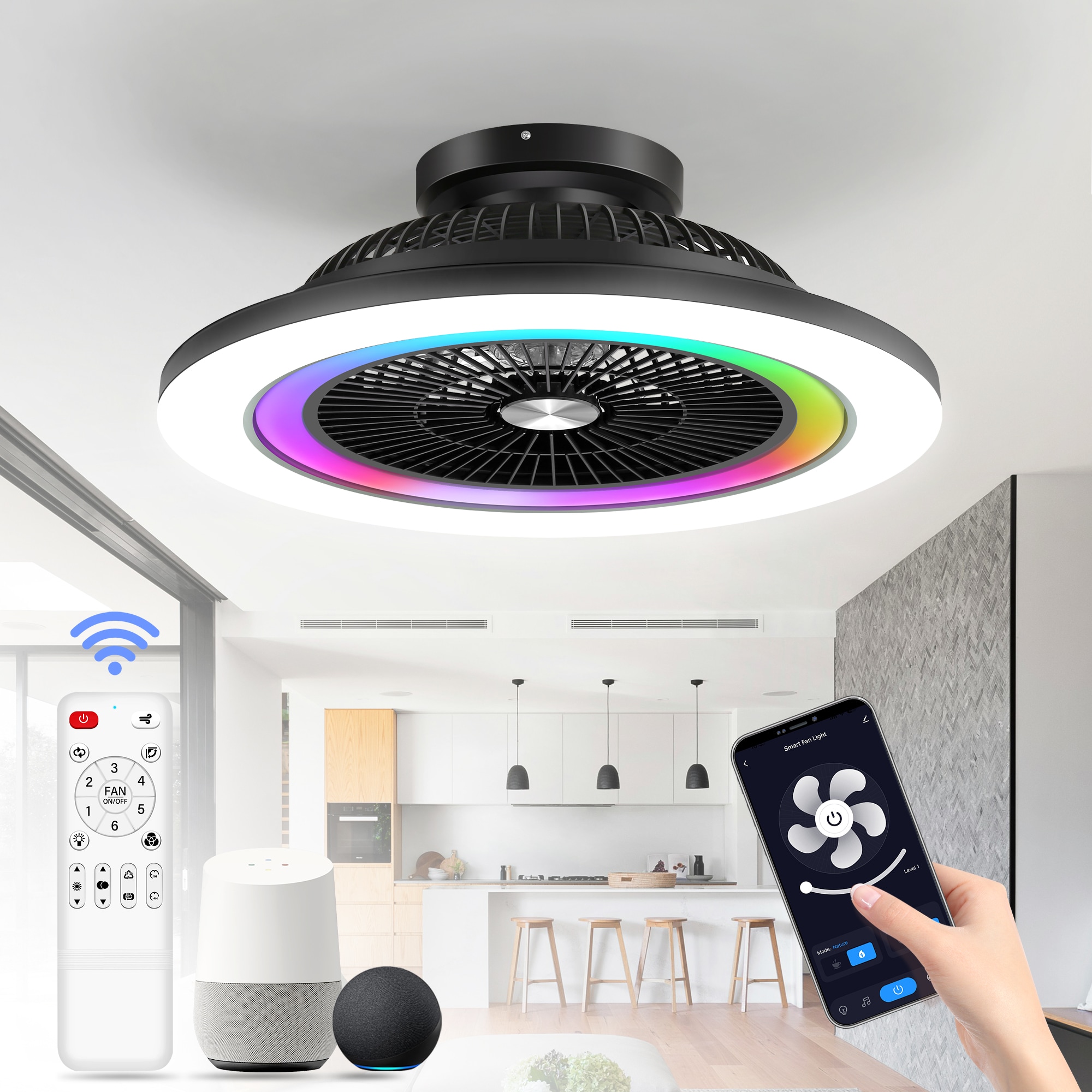 Breezary 32017-BK 20-in Color-Changing Integrated LED Flush Mount Matte Black with Clear Blades Fandelier Ceiling Fan With Light - Remote Included ( 7 -Blade )