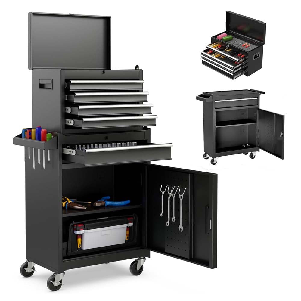 SereneVita 20.7-in W x 42.1-in H 5-Drawer Steel Rolling Tool Chest Combo with Detachable Top Tool Box and Lockable Wheels (Black)
