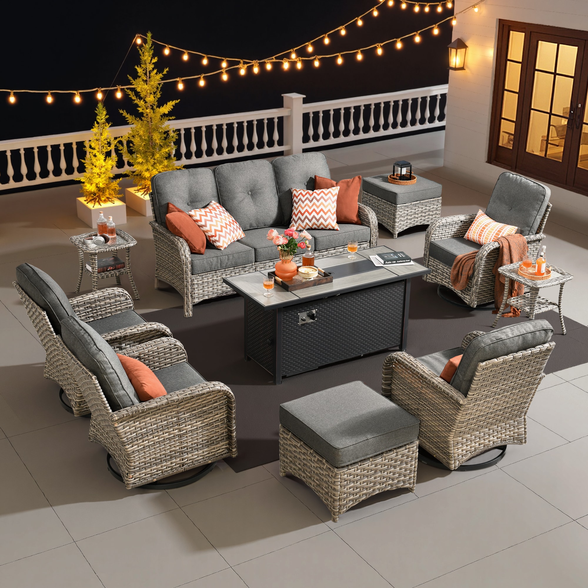 Pouuin 10 -Piece Wicker Patio Conversation Set with Dark gray Cushions ...