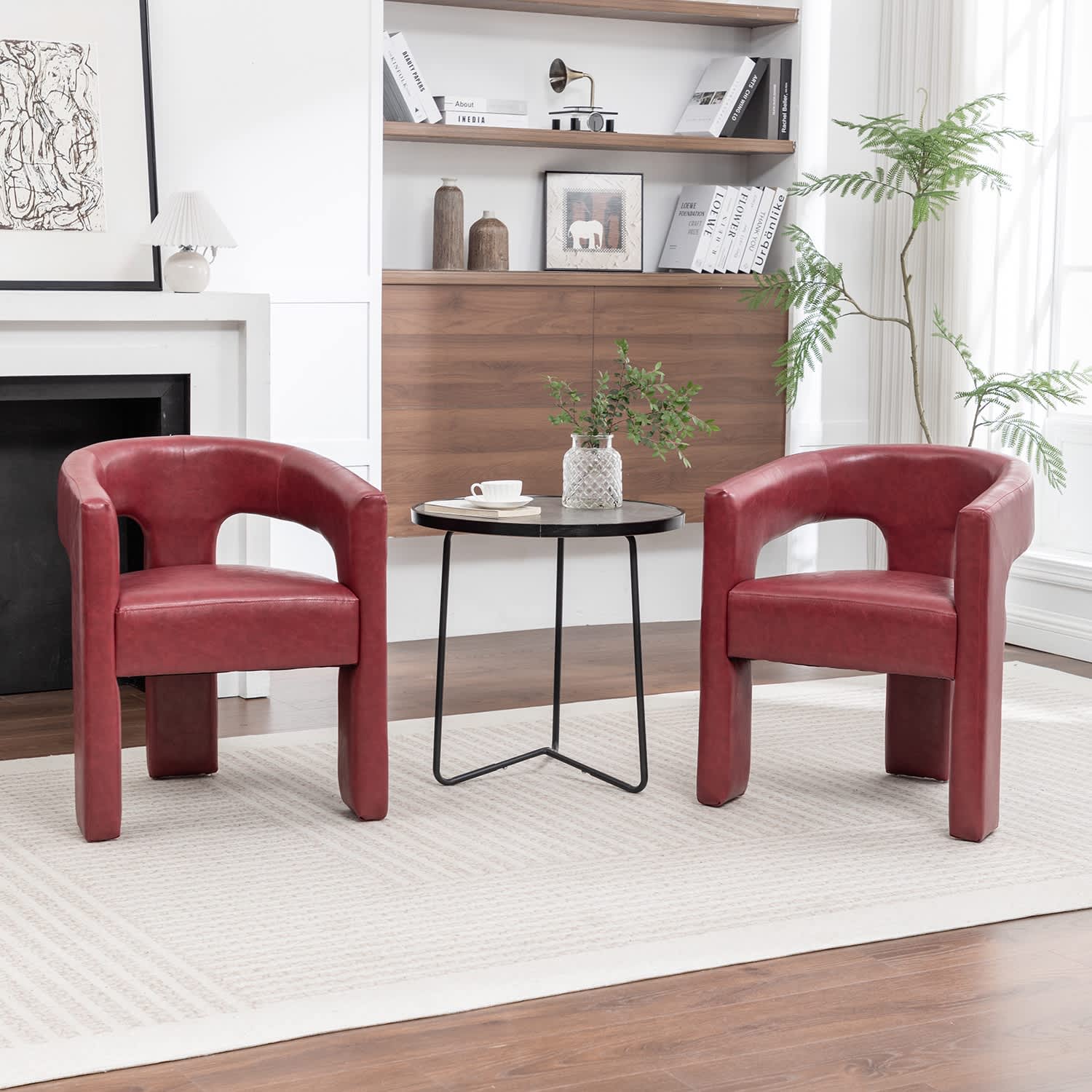 SEYNAR CE709-RED-S2 Modern Glam PU Leather Upholstered Dining Chair Open Back Accent Chair Set of 2
