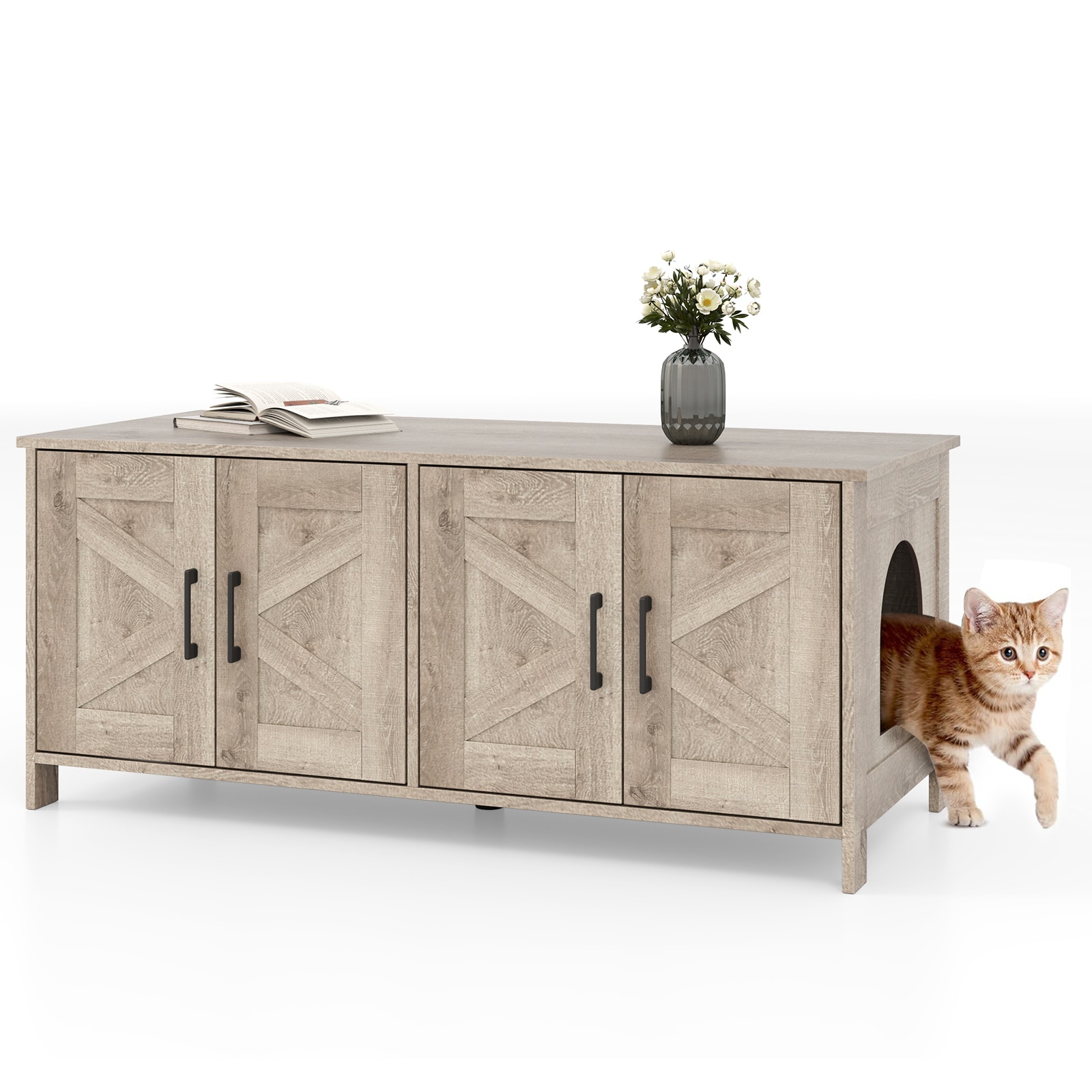 Slickblue Hooded Cat Litter Box Enclosure for 2 Cats with Furniture Hidden- Home Entryways and Hallways-Oak/ White