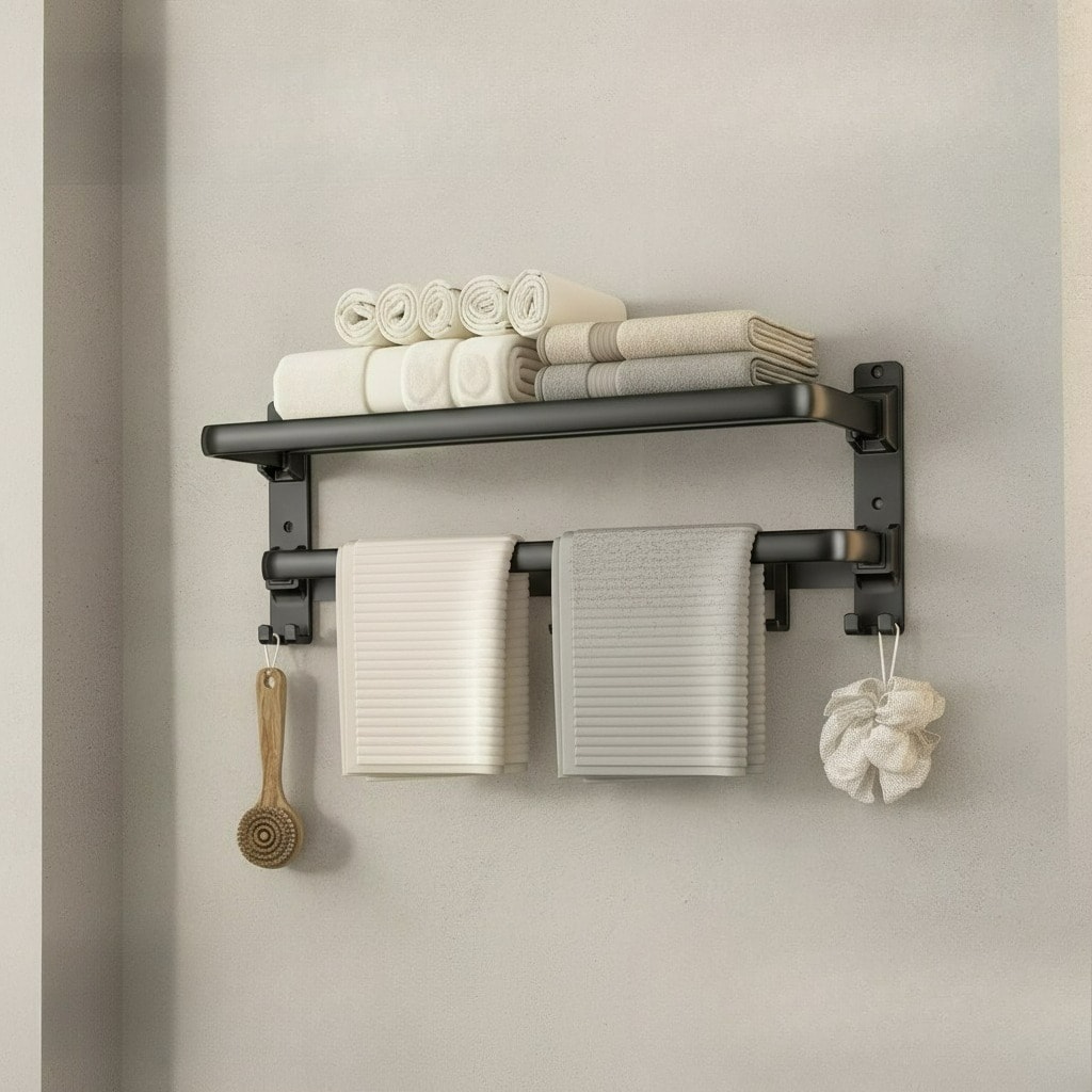 Paradigms Interiors 24 Inch Matte Black Foldable Towel Rack With Shelf Bar And 7 Hooks Wall Mounted Bathroom Storage Organizer