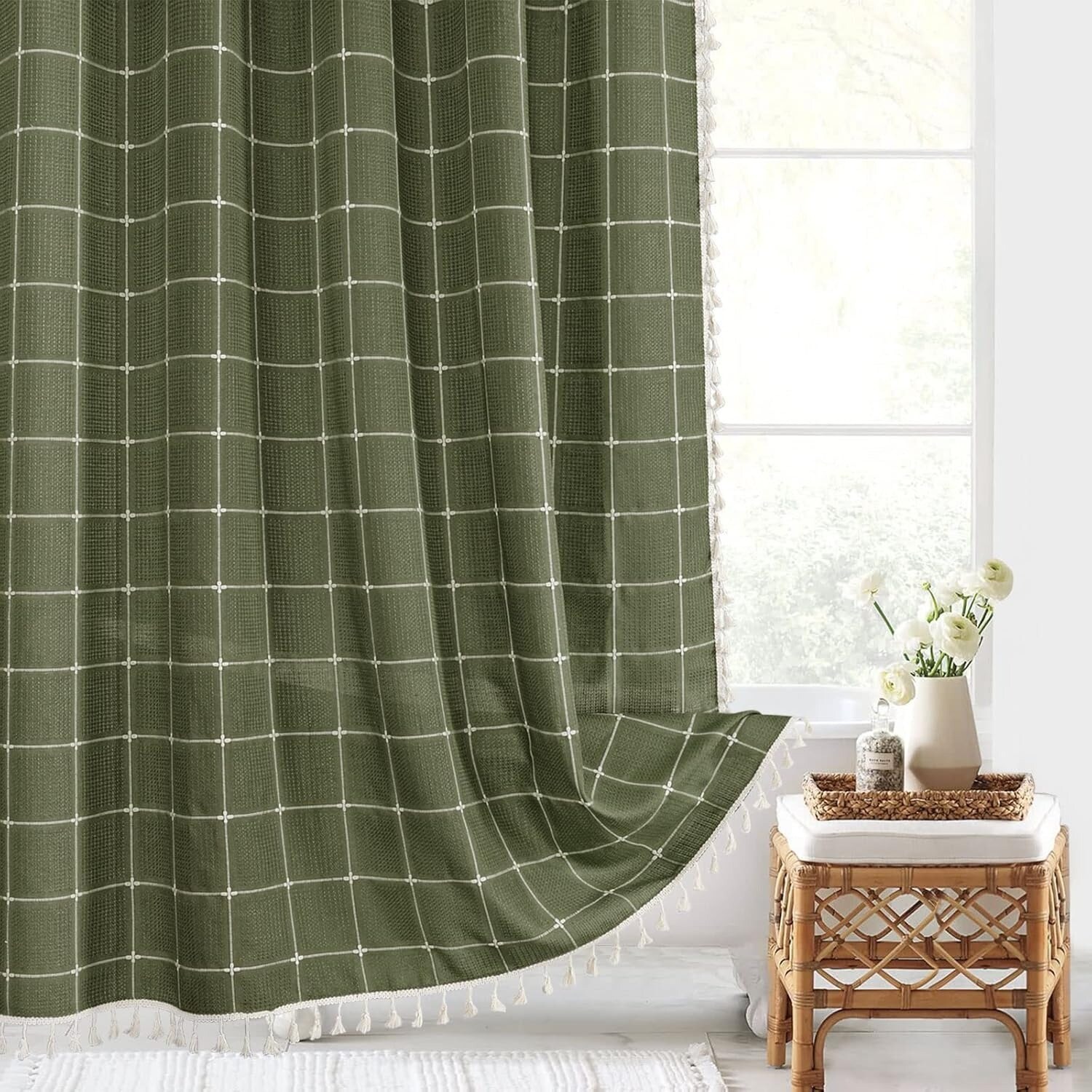 Paradigms Interiors Green Boho Farmhouse Shower Curtain with Tassels Thick 320GSM Waffle Textured Fabric Rustic Cottagecore Design 72x72 Inches with 12 Hooks #514068521525