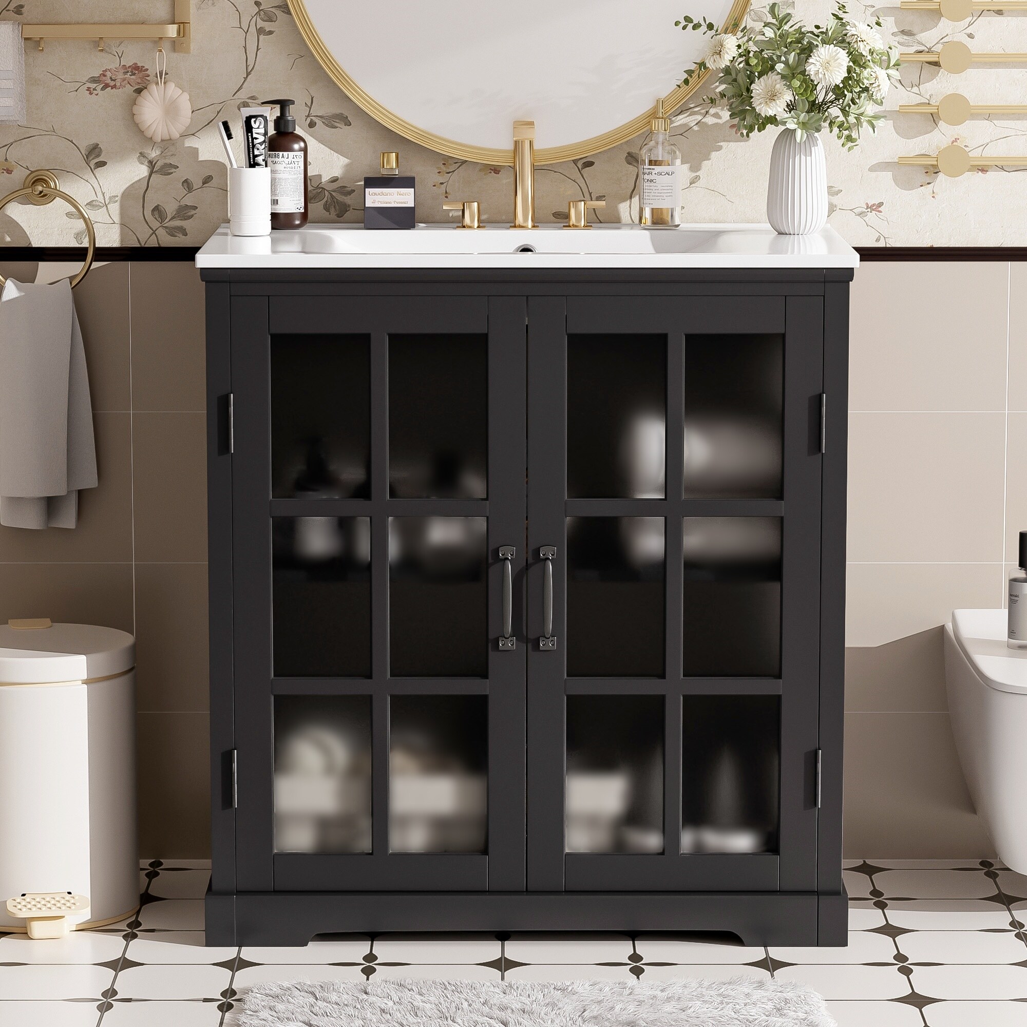 Tatayosi RY-P279904B 30 inches Modern Bathroom Vanity with Ceramic Sink Bathroom Vanity Cabinet with Tempered Blurred Glass and Matte Black Handles Equipped with Large Storage Space and Rubber Wood Frame Black