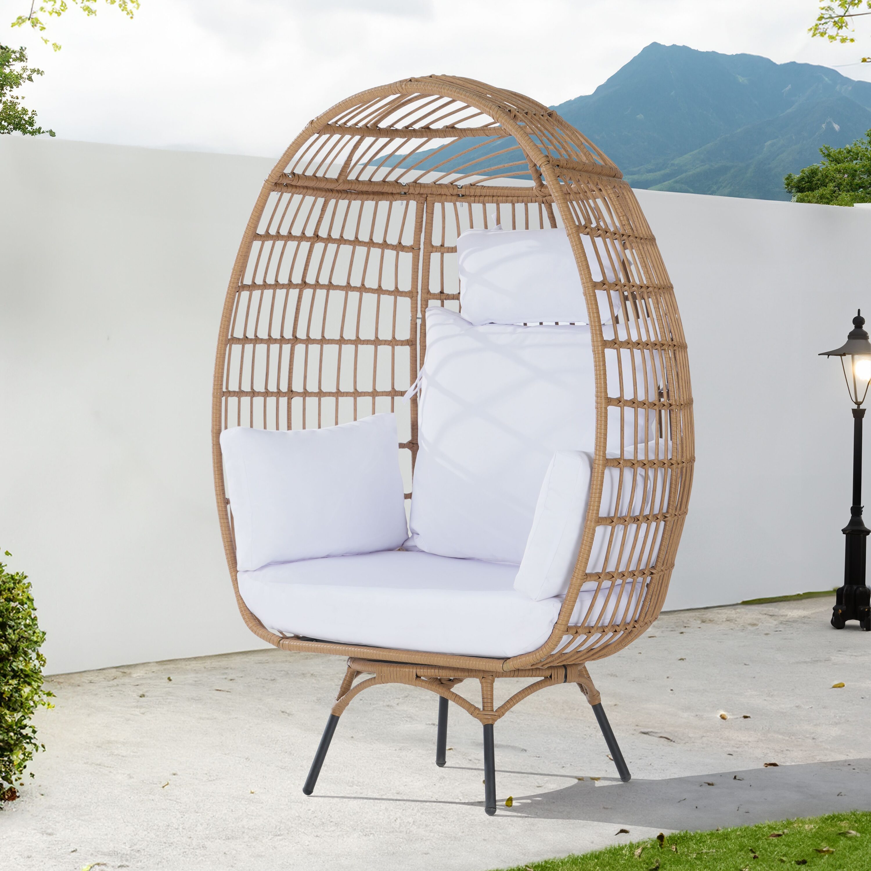 SANSTAR L-RJDC52WT Patio Chairs Wicker Brown Wicker Frame Swivel Egg Chair with White 220gsm Polyester Cushioned Seat