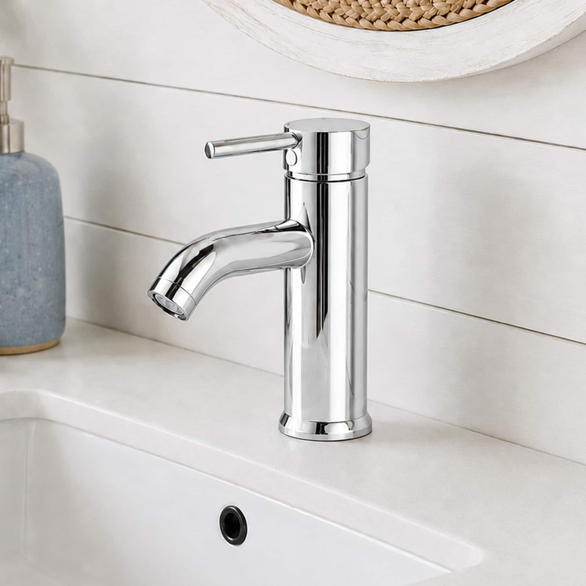 BWE Stellar Shimmer Polished Chrome Single hole 1-handle WaterSense Low-arc Commercial/Residential Handle Bathroom Sink Faucet with Drain with Deck Plate