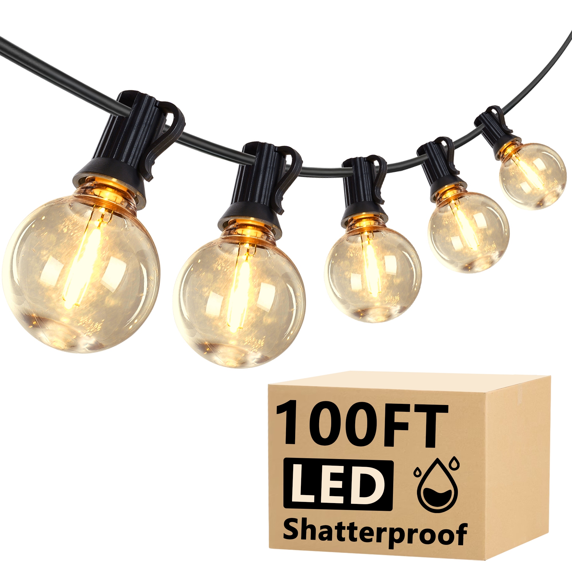 DAKAFUL 100-ft Black Indoor/Outdoor String Light with 50 G40 LED Globe Bulbs 2700K Warm White Waterproof Patio Light for Backyard Garden Tent Market Bistro Porch Gazebo Party Decor