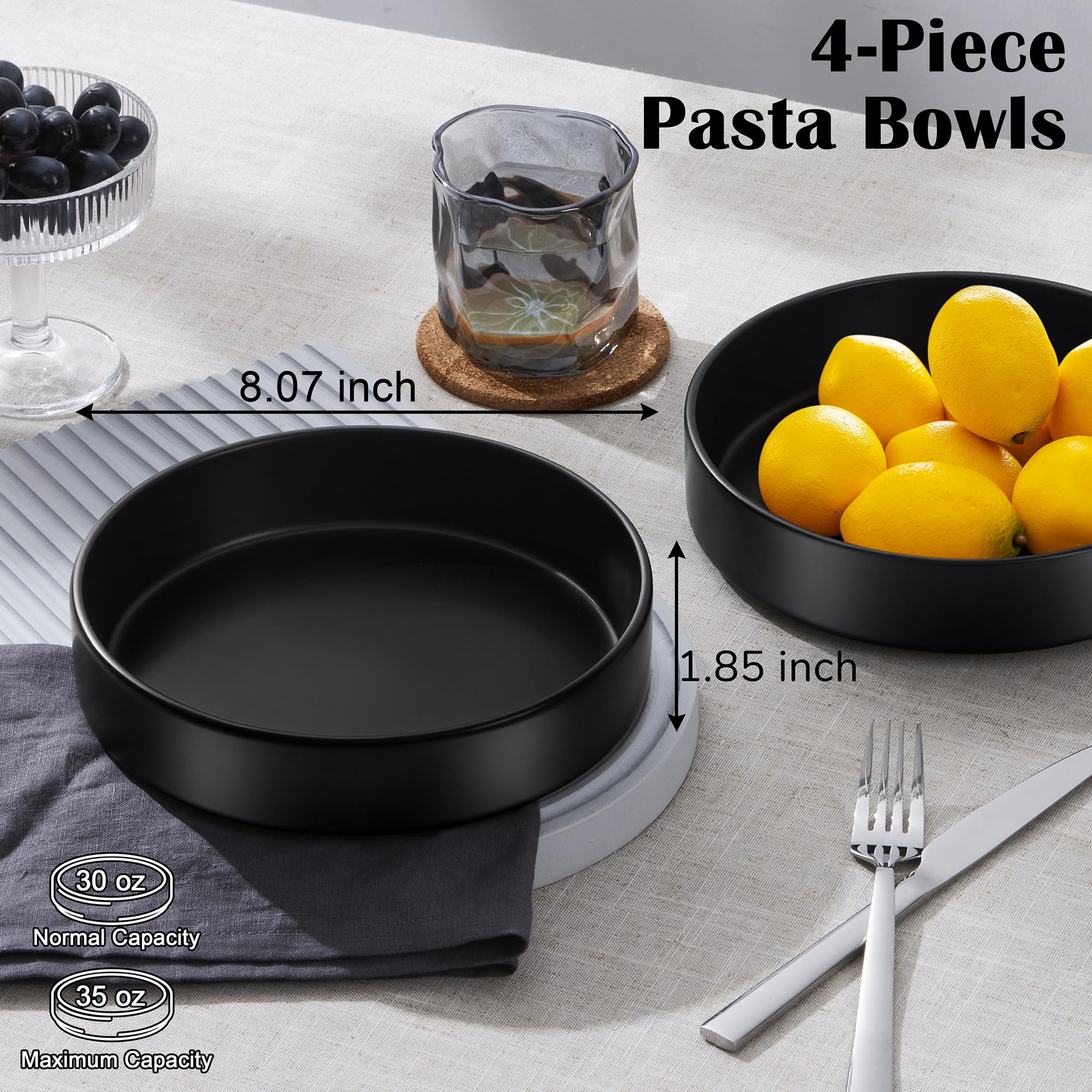 Aoibox Four Piece 35oz Shallow Stoneware Pasta Bowls Matte Black ...