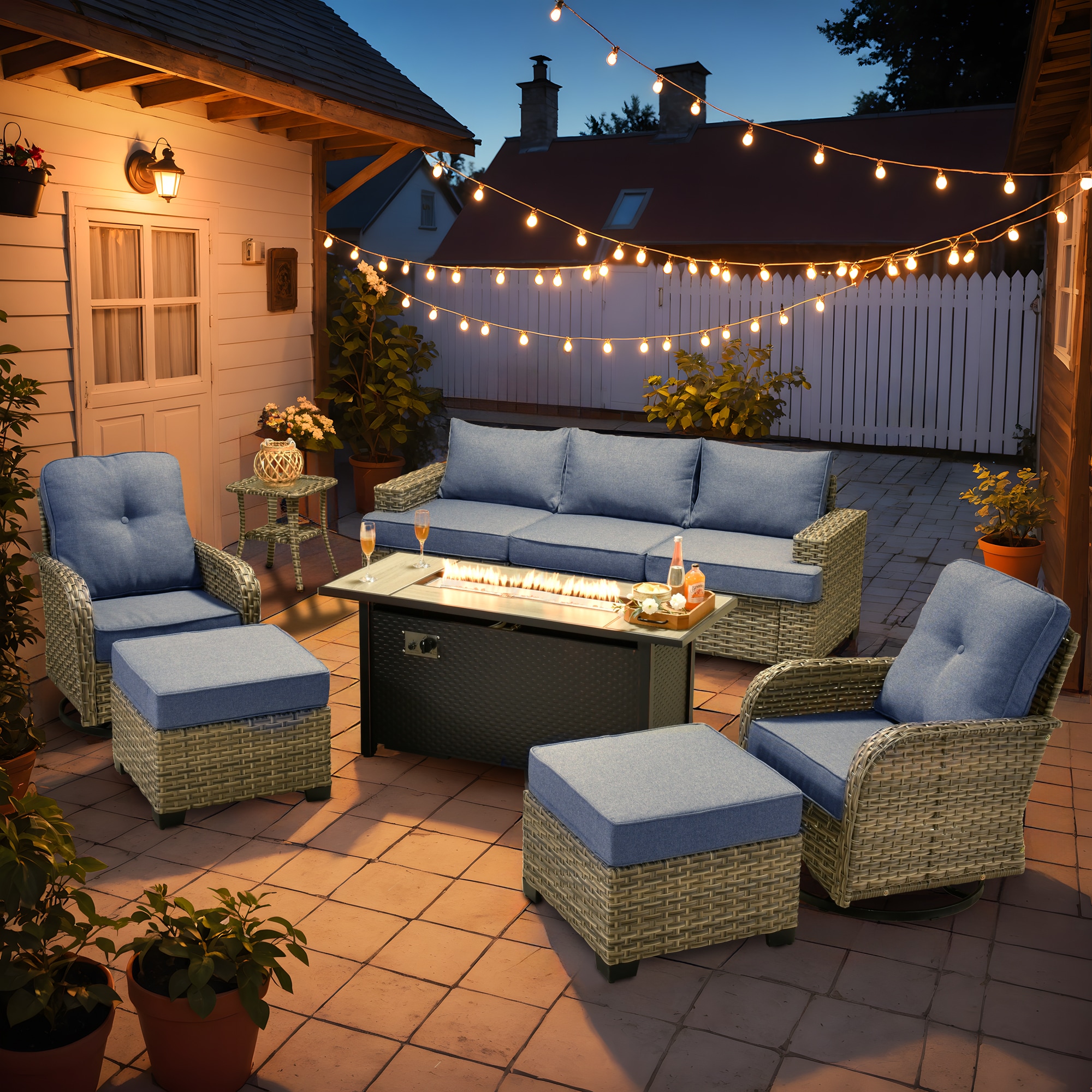 XIZZI XITBS5074-VNCIFP-B Agate 7 -Piece Rattan Patio Sofa Conversation Set with Blue Cushions