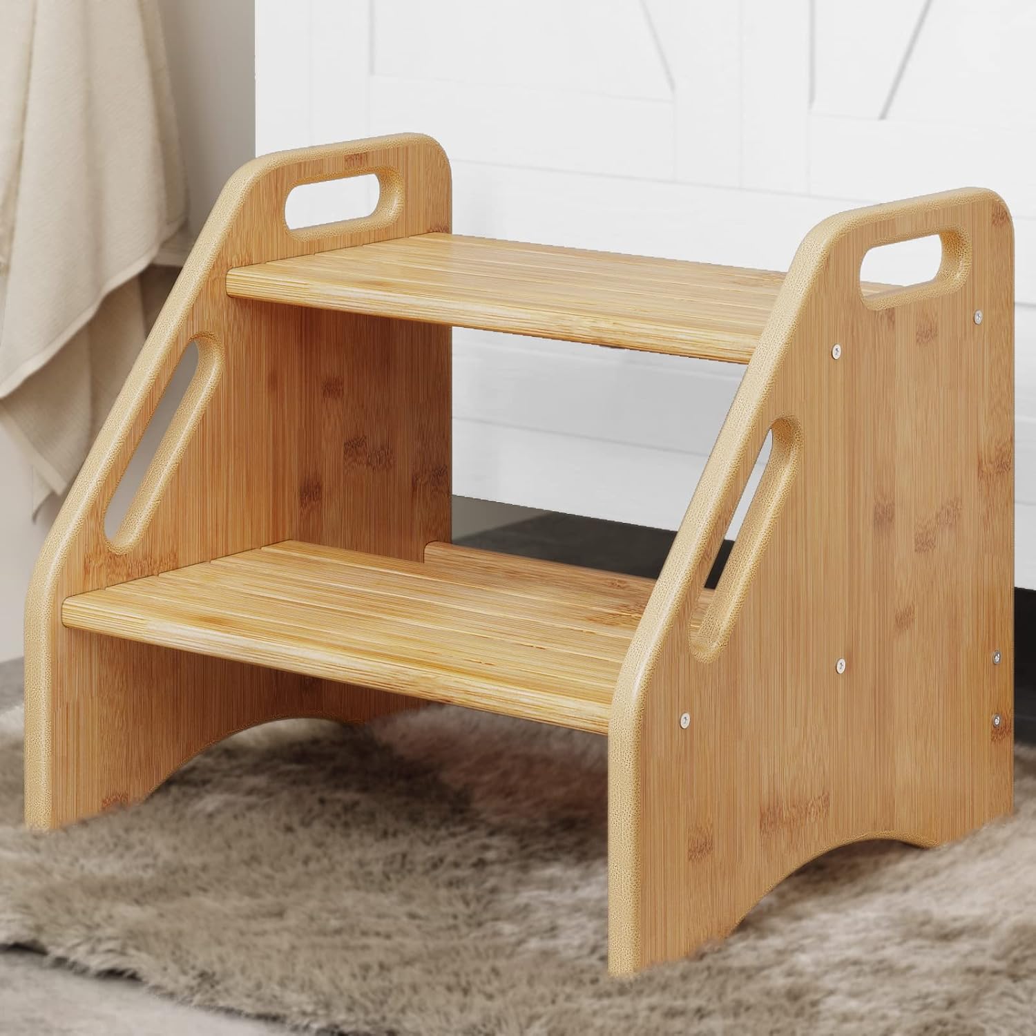 Fredees 2-Step Bamboo Step Stool with Handles and Non-Slip Pads 300 lb Capacity Dual Height for Kids Adults Bathroom Kitchen