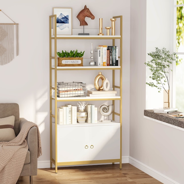 Tribesigns Hoga F1159 White Metal 4, White And Gold Bookcase With Drawers
