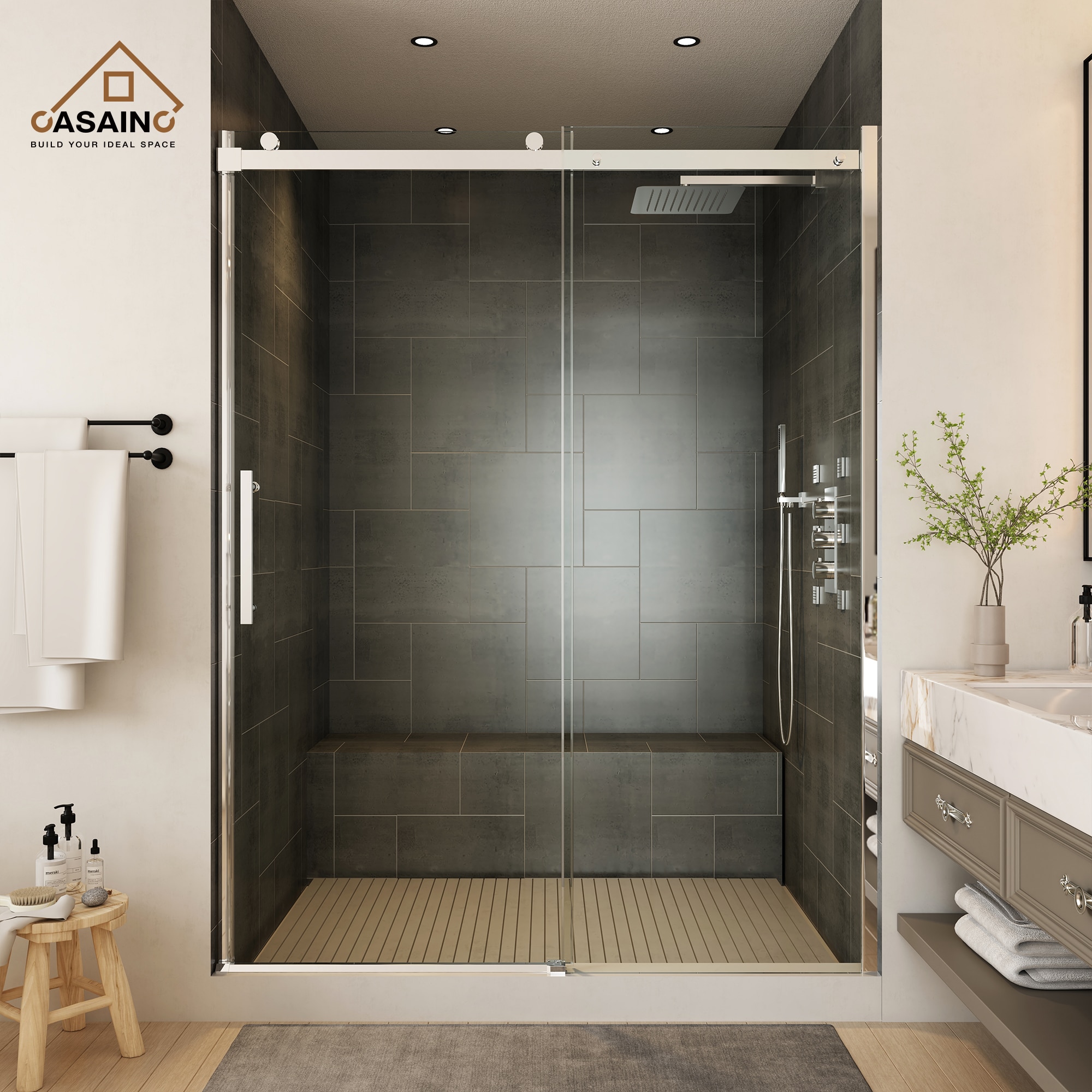 CASAINC SL-TL-D-T128 Chrome 59-1/16-in to 60-9/16-in W x 76-in H Frameless Clear Glass Sliding Shower door