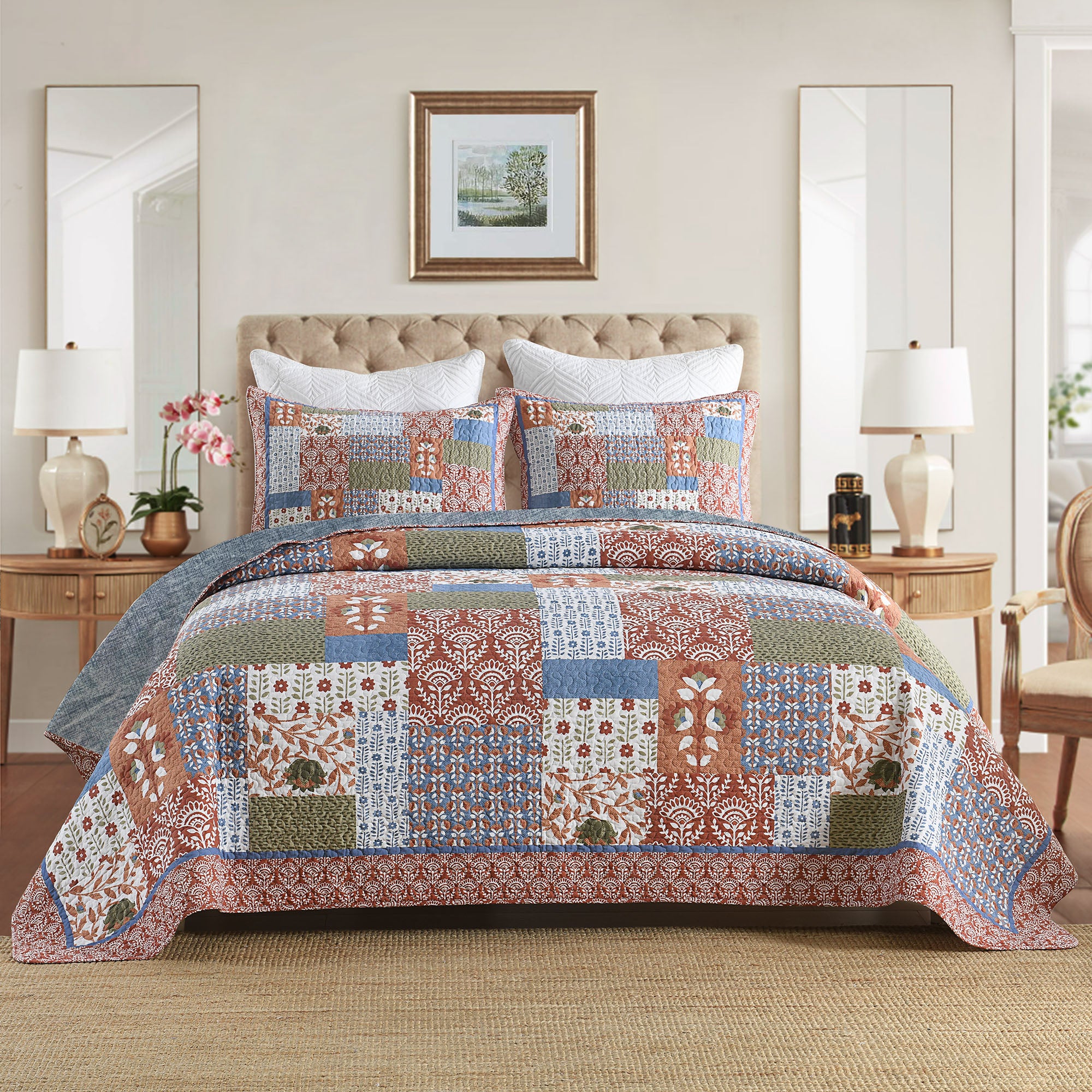 MarCielo BY212 K 3-Pieces Floral Patchwork Pattern King Size Quilt Bedspread Set