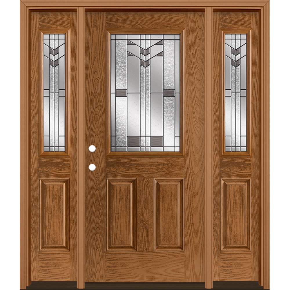 Masonite 3420266 Frontier 64-in x 80-in x 4-9/16-in Fiberglass Half lite Right-hand inswing Woodhaven Stained Prehung Front Door with Sidelights with Brickmould Insulating core