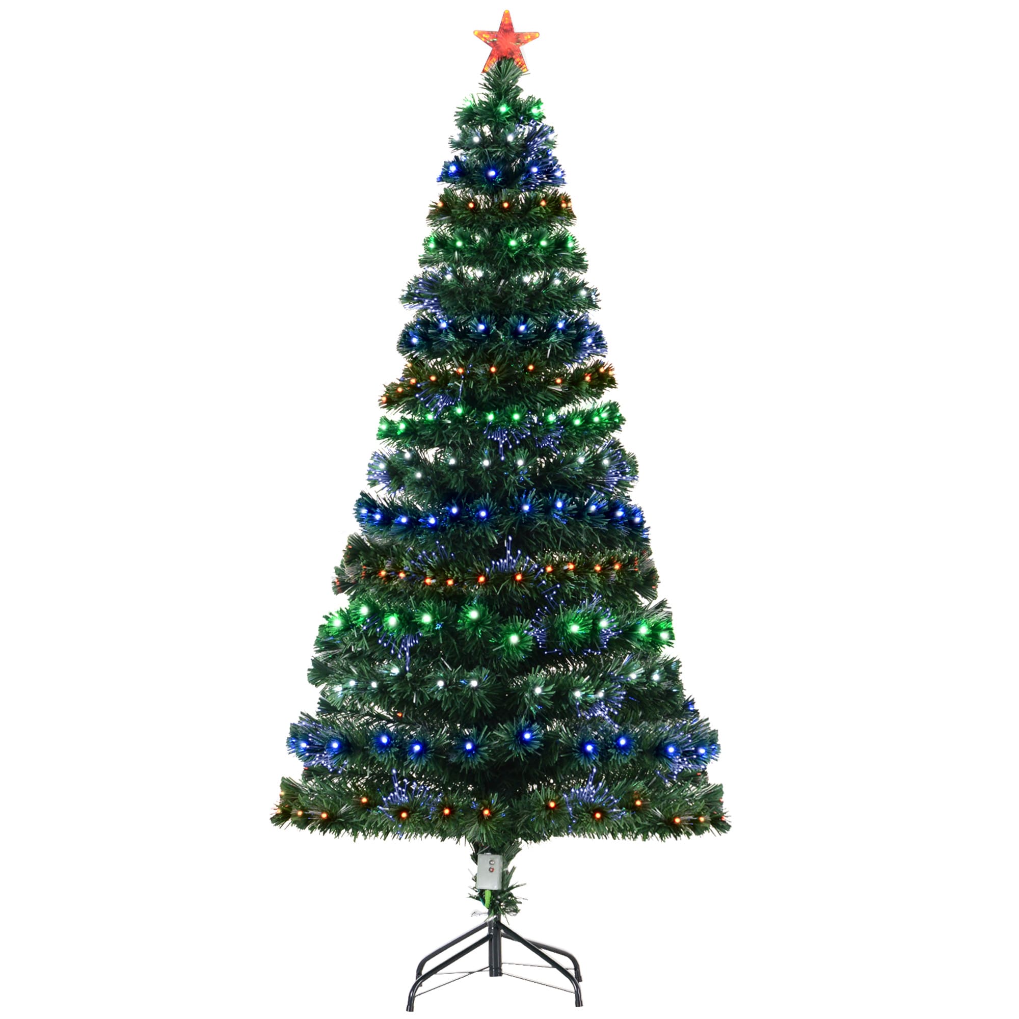HomCom 6ft Prelit Artificial Christmas Tree with LED Lights Multicolored Fiber Optics and Realistic Branch Tips Green #02-0784