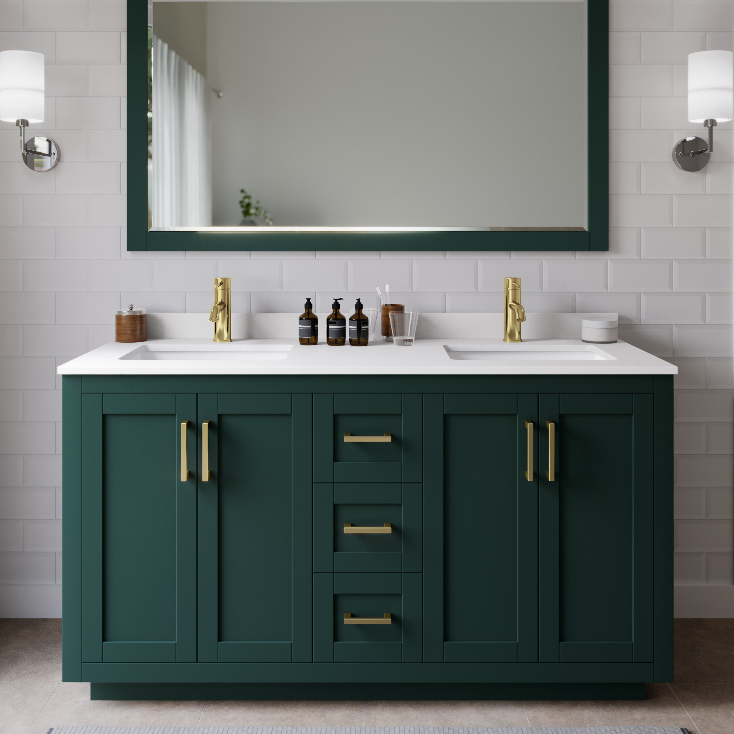Wyndham Collection WCF292960DGDWCUNSMXX Miranda 60-in Green with Brushed Gold Trim Undermount Double sink Bathroom Vanity with White Cultured Marble Cultured marble Top