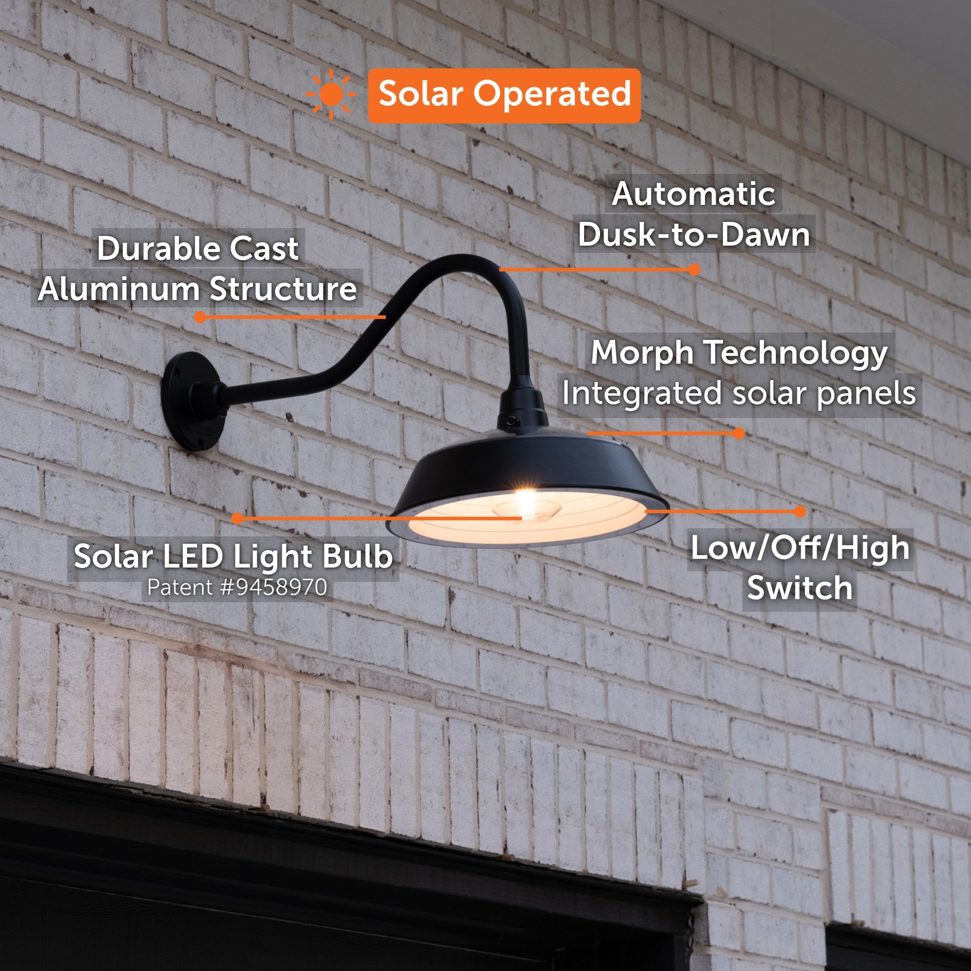 Black Aluminum Solar Barn Light with Gooseneck Design