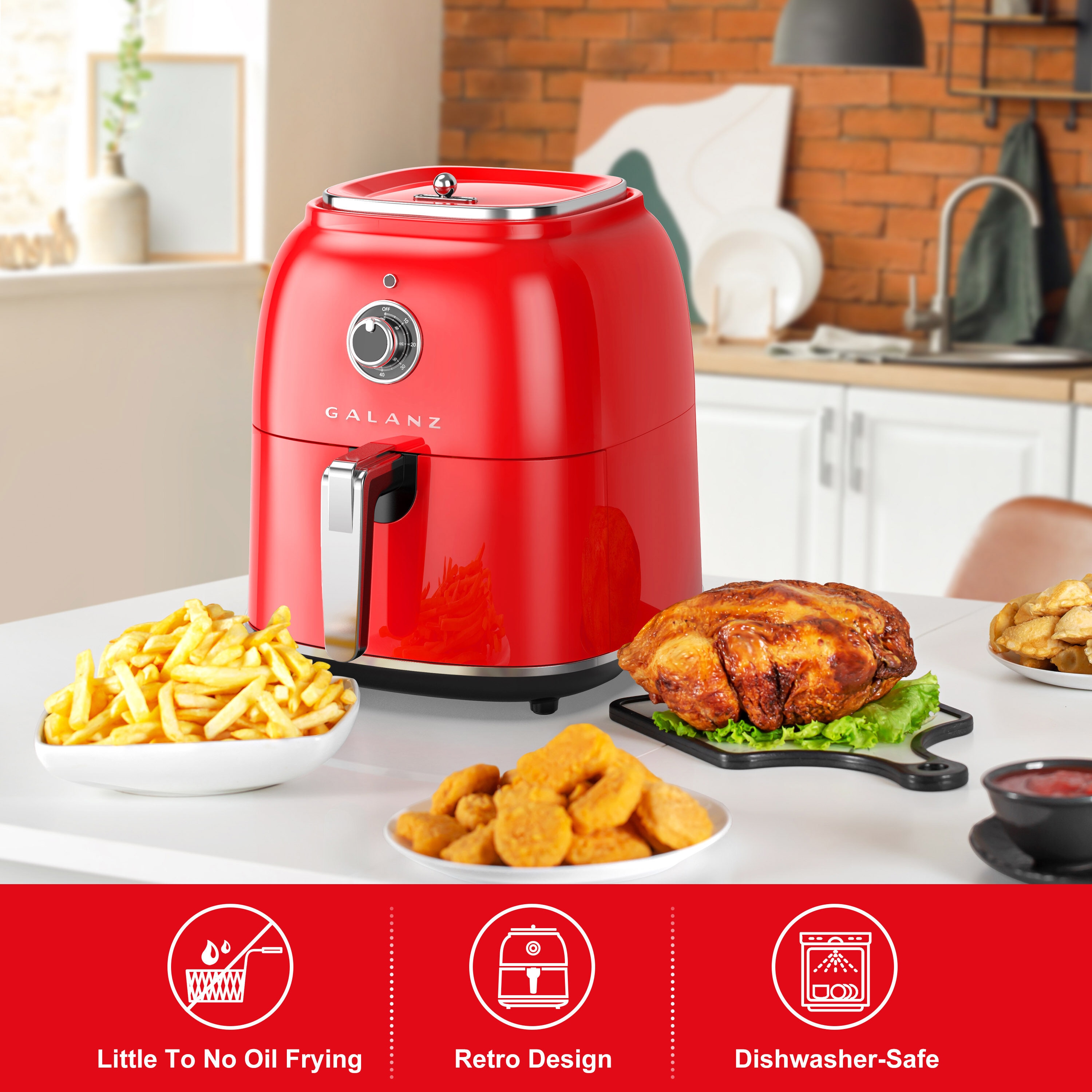 Galanz Retro Red Air Fryer 1500W, Removable Fry Basket, ETL Listed