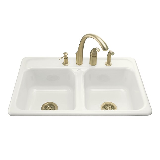 Delafield Drop-In Cast Iron 33 in. 3-Hole Double Bowl Kitchen Sink in White Delafield Drop-In Cast Iron 33 in. 3-Hole Double Bowl Kitchen Sink in White