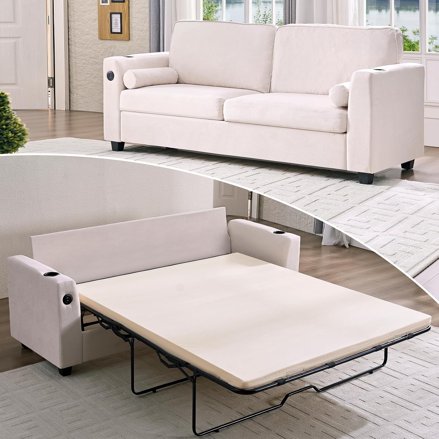 Mjkone 83 inch Beige Convertible Queen Sleeper Sofa Bed with USB Ports ...