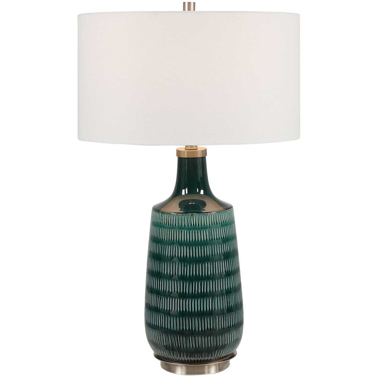 Uttermost 1959177 28376-1 Scouts Table Lamp Deep Teal Glaze with Brushed Nickel Details