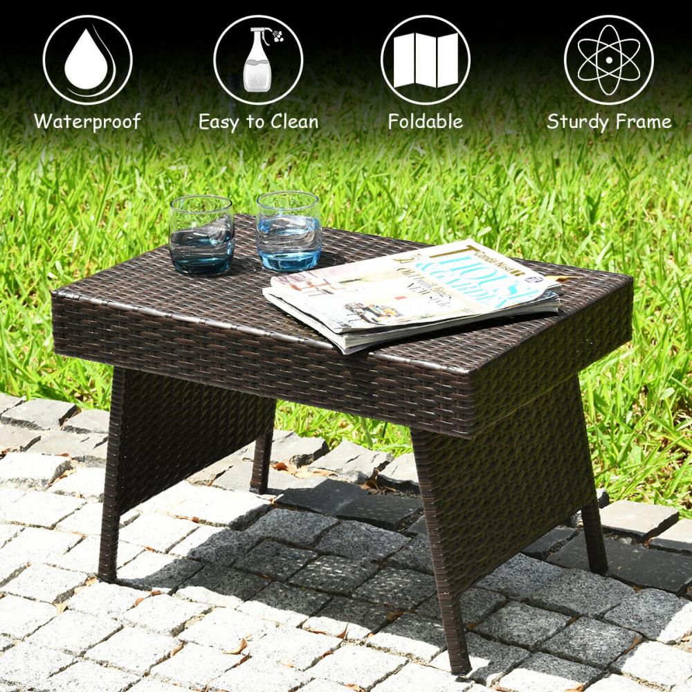 Compact Foldable Brown PE Rattan Side Table with Steel Frame