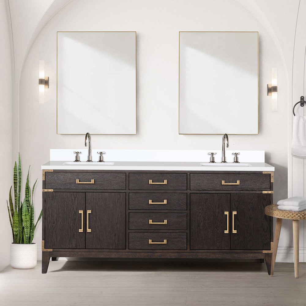 Lexora LVW72DK311 Wilton 72-in Brown Oak Undermount Double Sink Bathroom Vanity with White Cultured Marble Top (Mirror and Faucet Included)