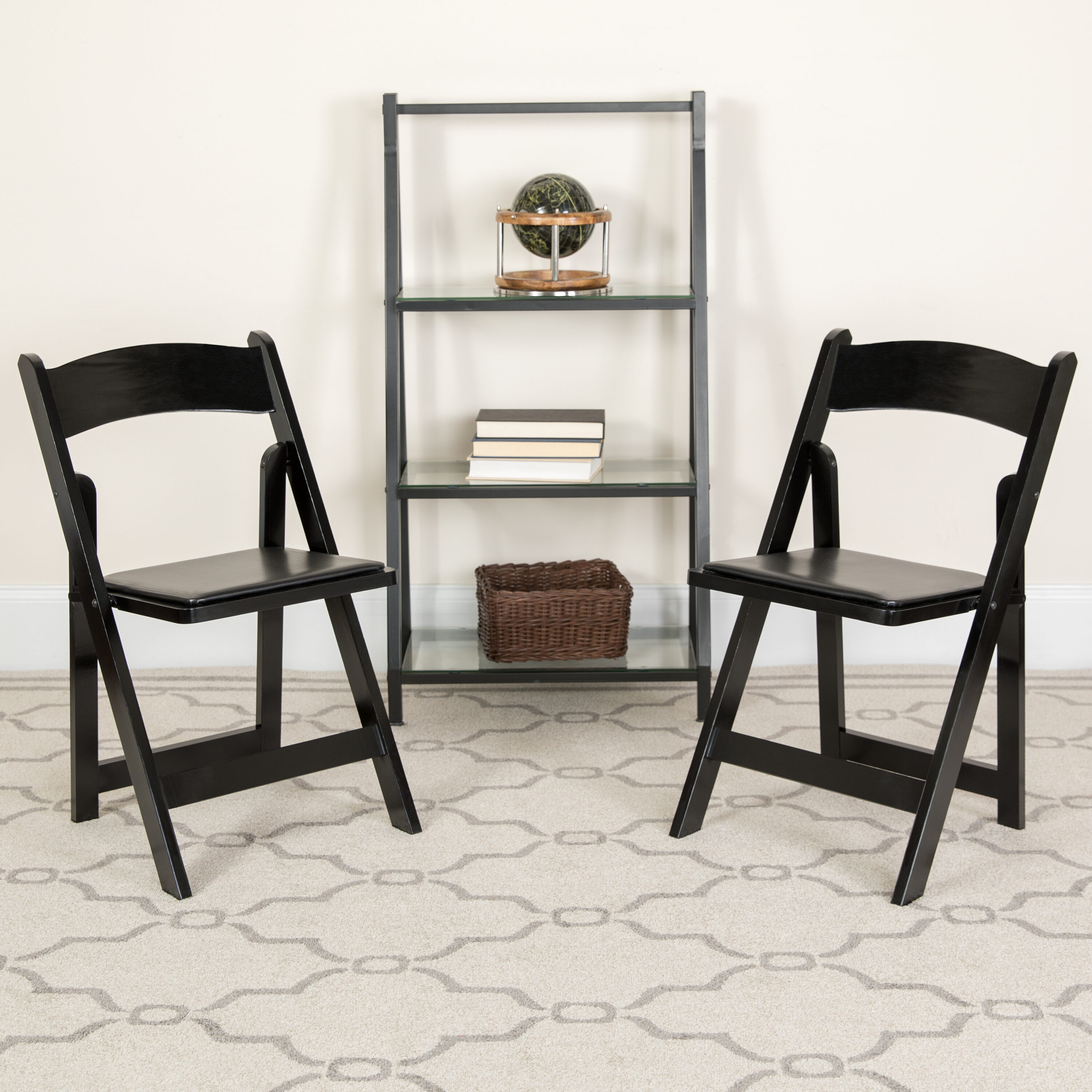 Black Wood Folding Chair with Vinyl Padded Seat, Set of 2