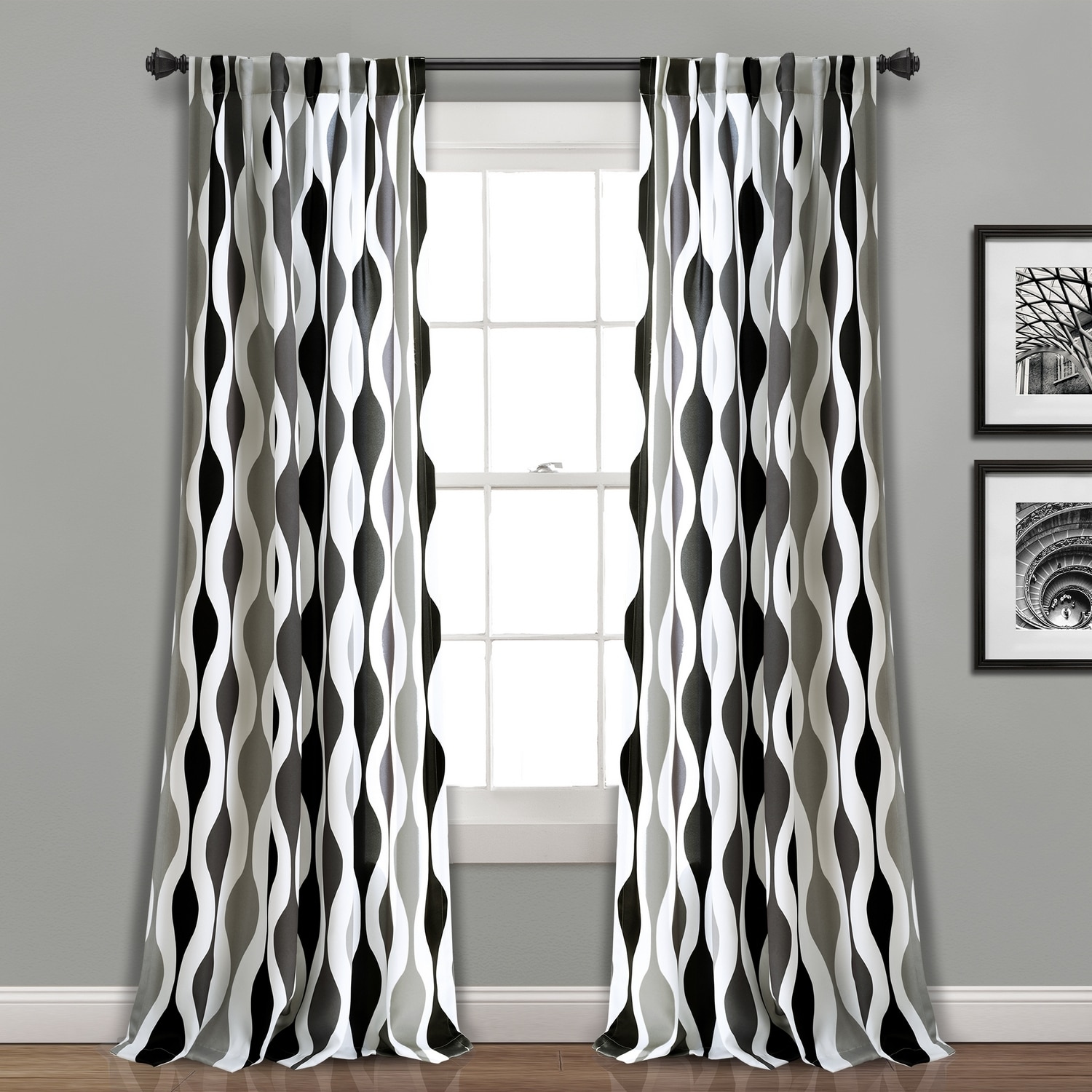 Lush Decor 16T003350 84-Inches Black Geometric Light filtering Back tab Curtain panel pair