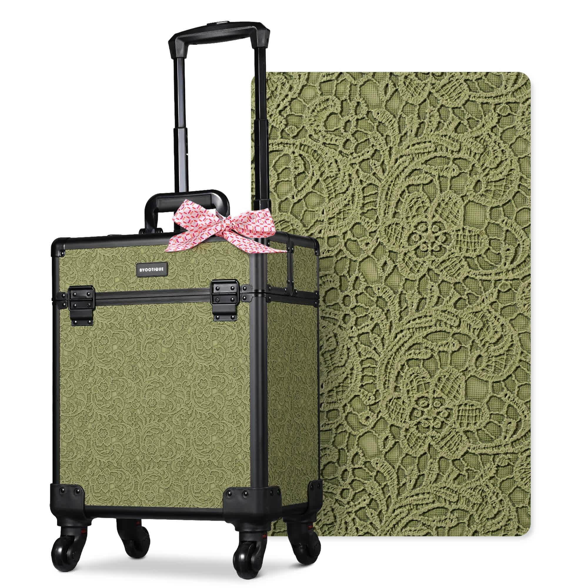 Yescom 12MKC028-SM-RCC04-LO Byootique Rolling Makeup Train Case Cosmetic Trolley Organizer Salon Rococo Moss