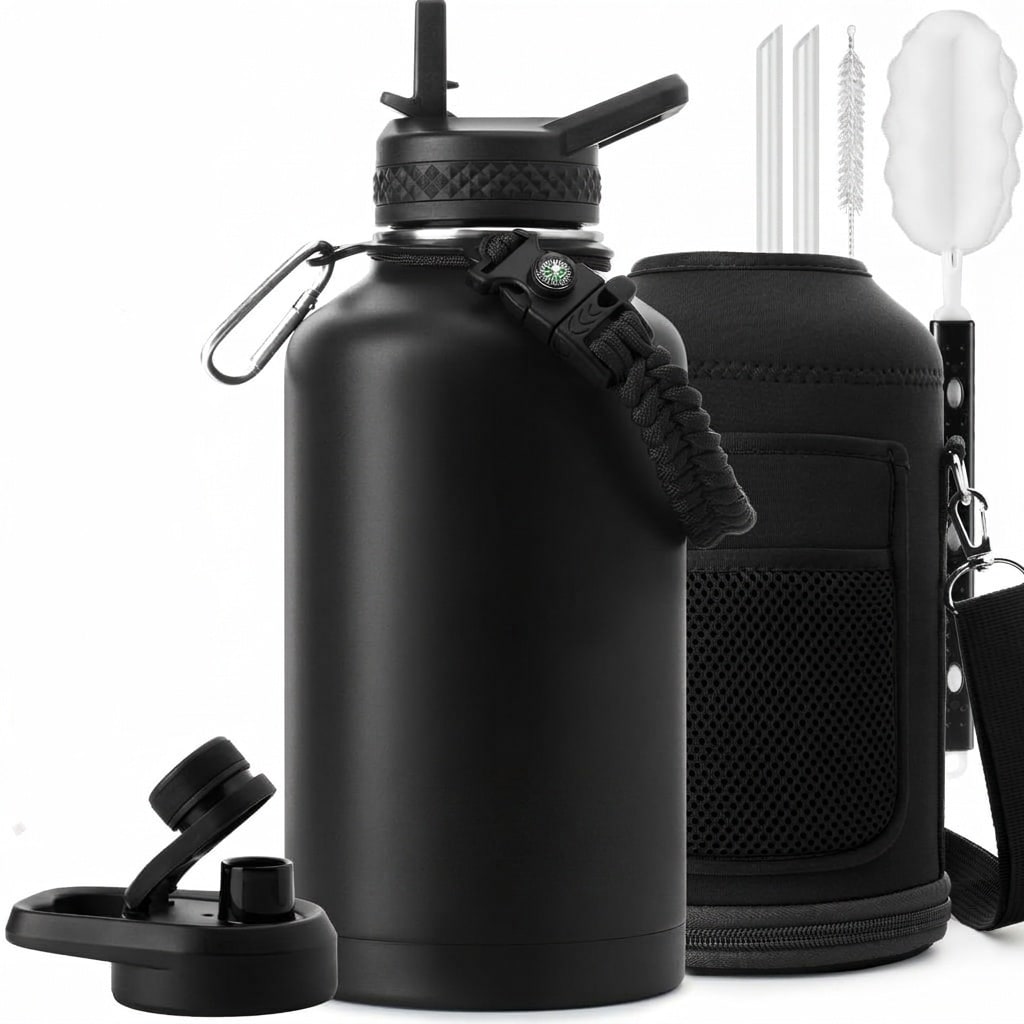 Etokfoks  64 oz Black Stainless Steel Multi Layer Insulation Scratch Resistant Outdoor Water Bottle with Carrier Bag