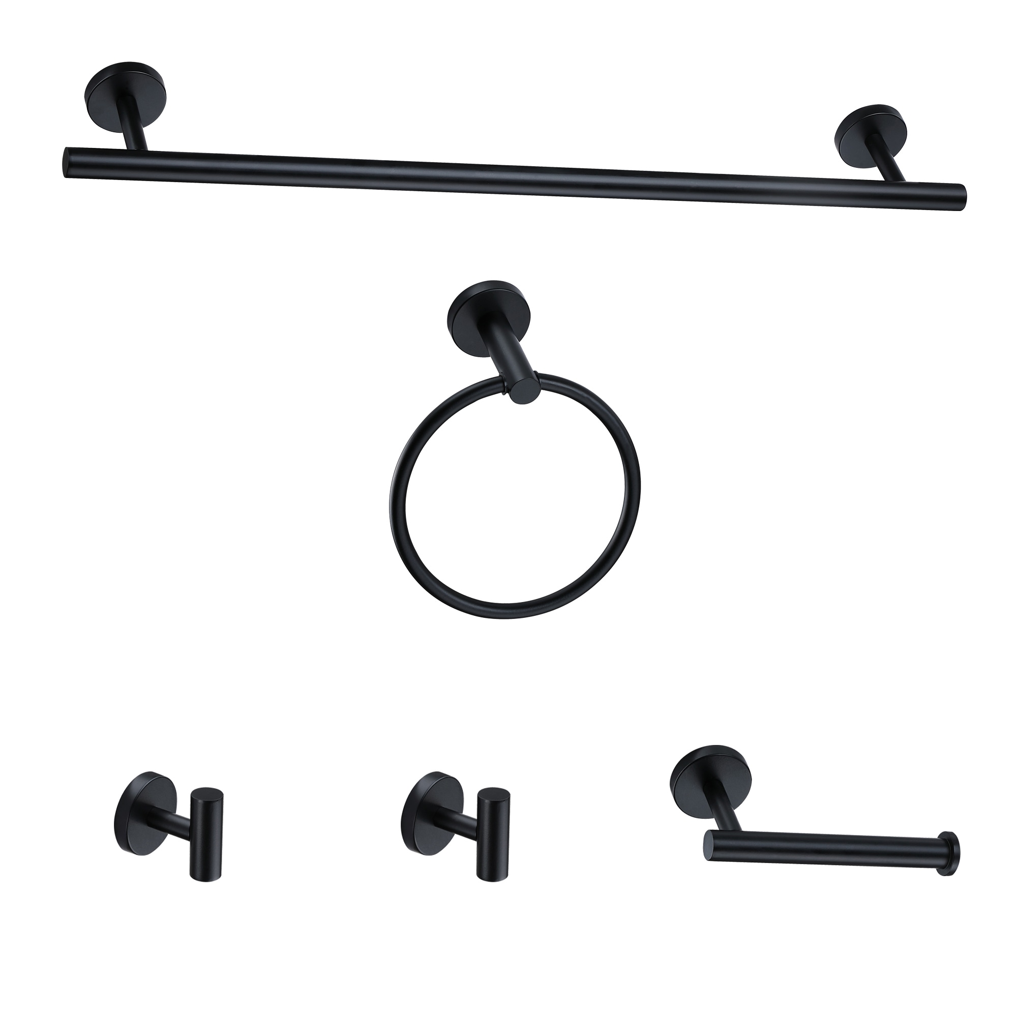 FAYMART LIGHTING FLB24989-TB-BK 5 -Piece Matte Black - 24in tower bar Decorative Bathroom Hardware Set Towel Bar, Toilet Paper Holder, Towel Ring ,Robe Hook Included