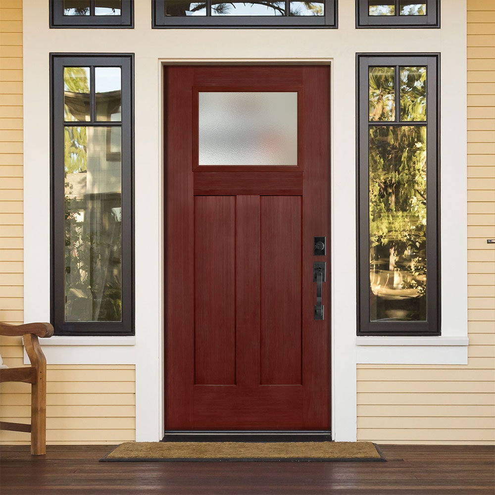 Masonite 628417 Pear Textured Glass 36-in x 80-in x 4-9/16-in Fiberglass Craftsman Left-hand inswing Wineberry Stained Prehung Front Door with Brickmould Insulating core