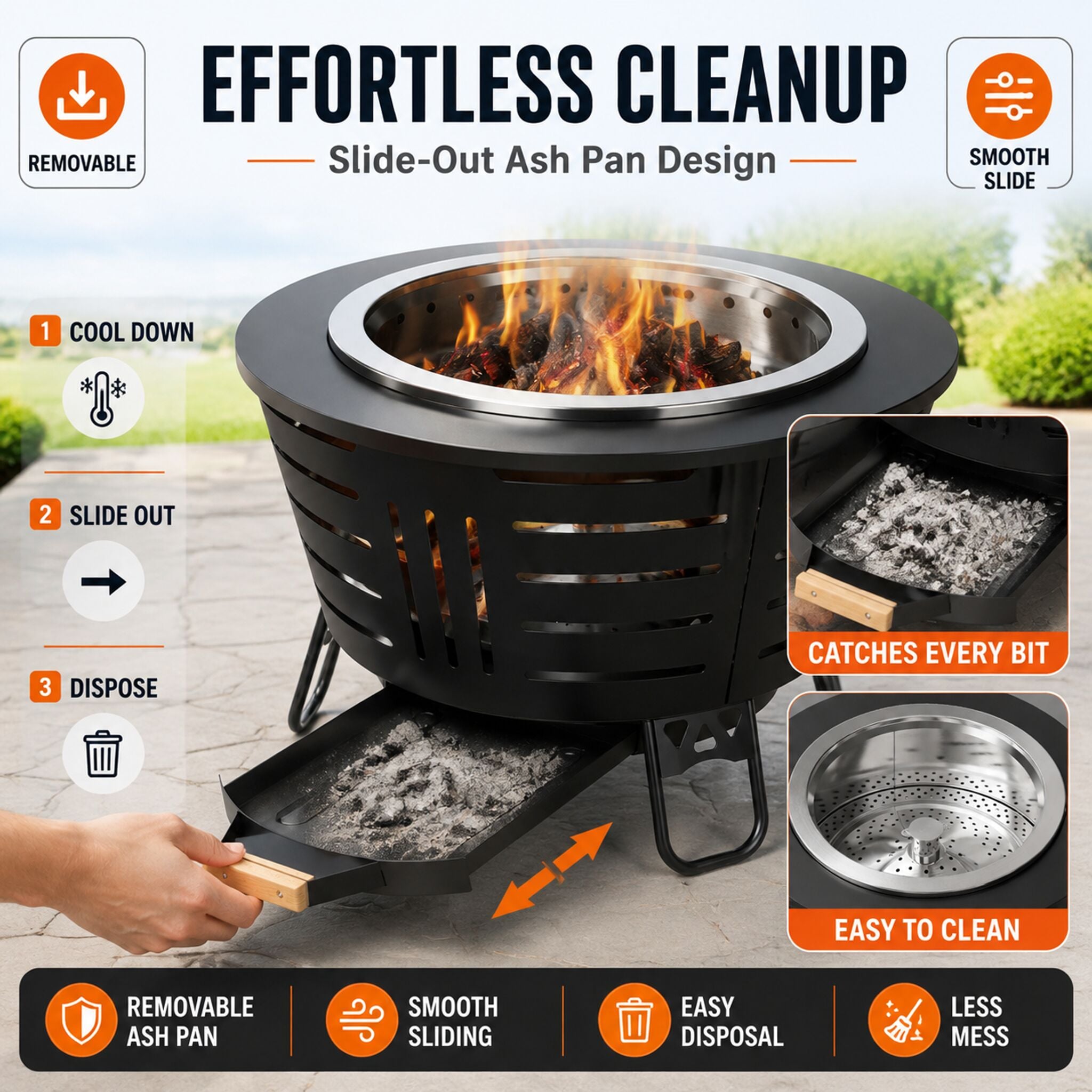 BRANO -  26 Inch Smokeless Fire Pit Triple Burn Technology with Support Legs Ash Pan and Tools fo...
