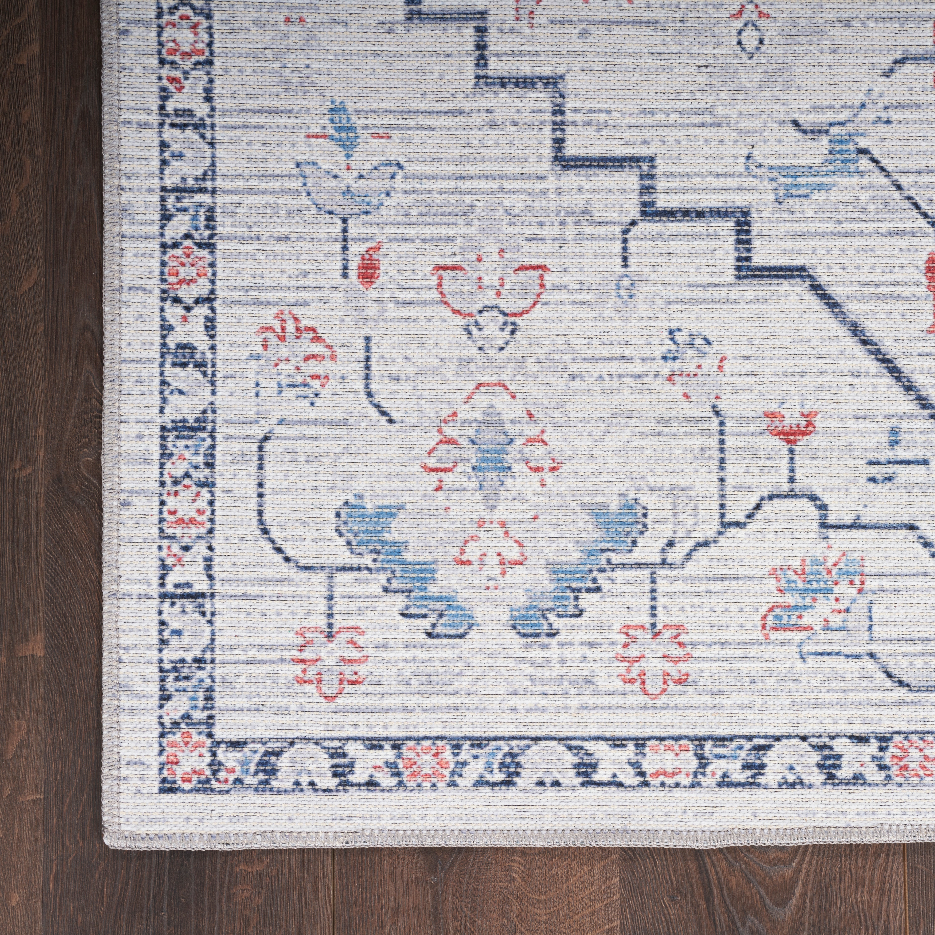 Ivory Blue Floral Cotton Synthetic Runner Rug 2'2" x 10'