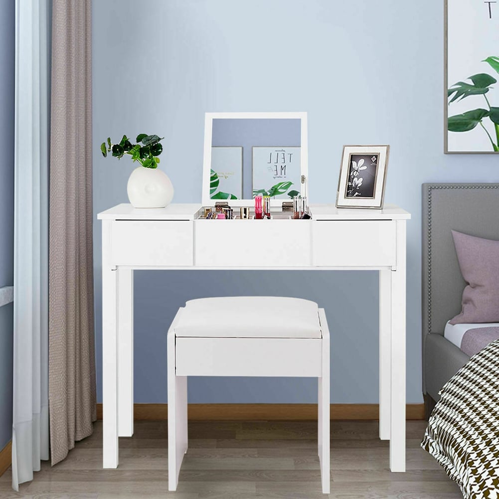 Costway CSHY001311 White Vanity Dressing Table Furniture Stool Storage Box