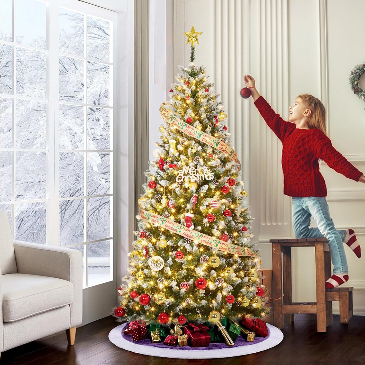 Qeetex DYQ-PHK-35JLY9UE 9FT PreLit Artificial Christmas Tree with 550 Warm White LEDs Mixed Pinecone Decor Sturdy Metal Base Green Premium Holiday Tree for Home Office