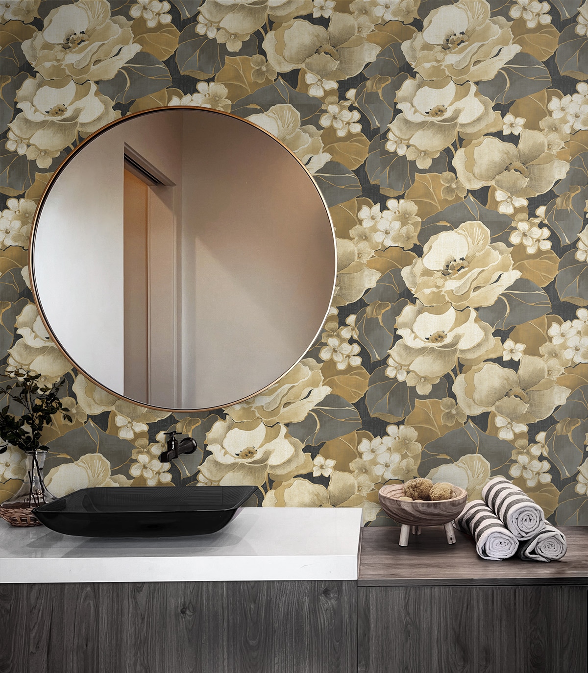 Ebony and Antique Gold Floral Peel and Stick Wallpaper