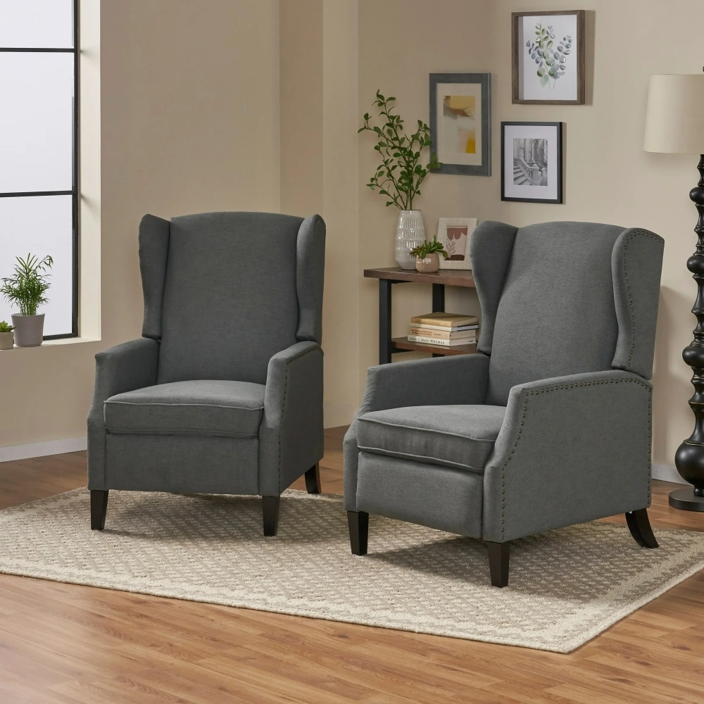 Christopher Knight Home 312276 Mason (Set of 2) Pushback Recliner Modern Wingback Armchair with Nailhead Trim and Wood Legs Charcoal