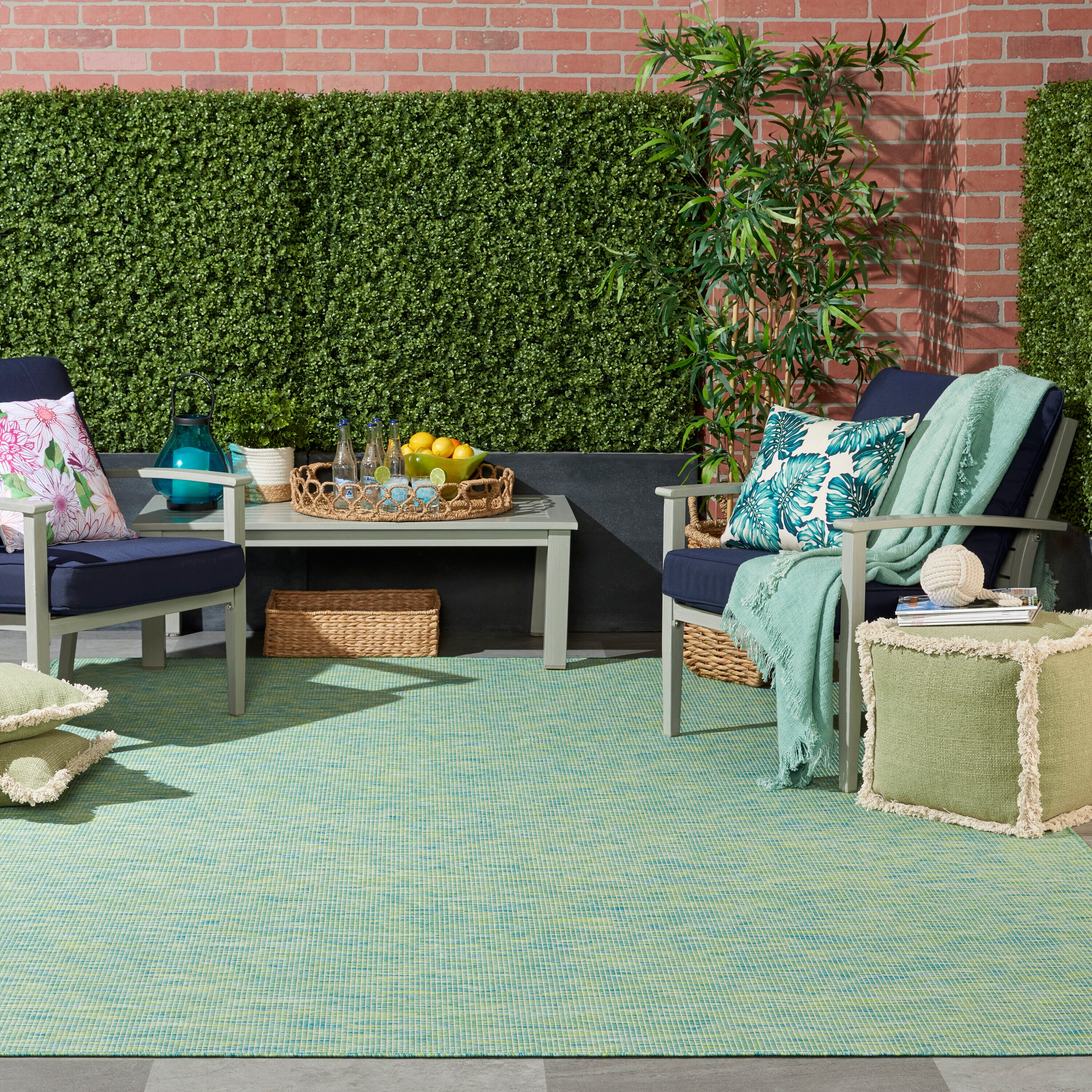 Positano Blue and Green Synthetic 6' x 9' Reversible Rug