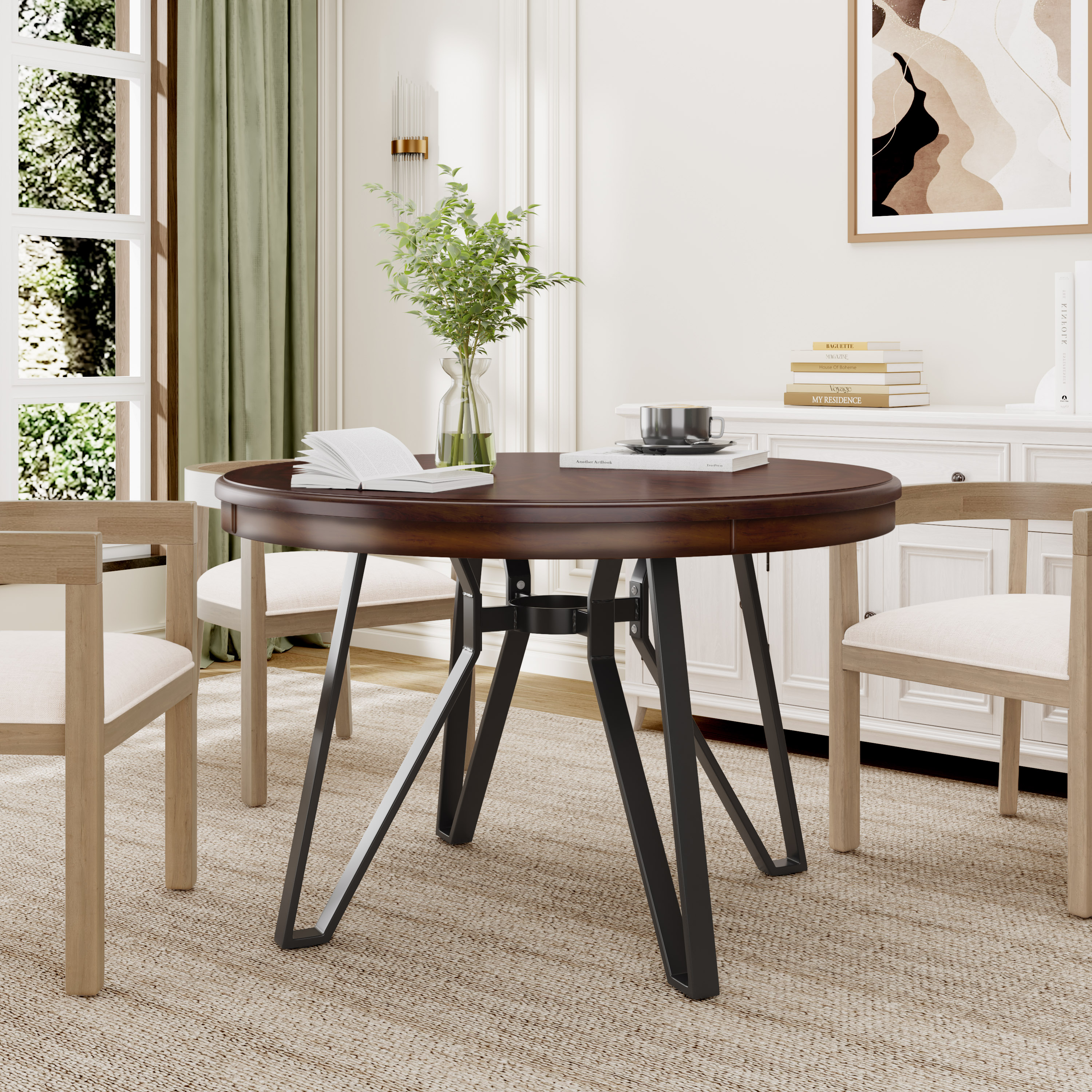 Brown Wood Round Dining Table with Metal Hairpin Legs