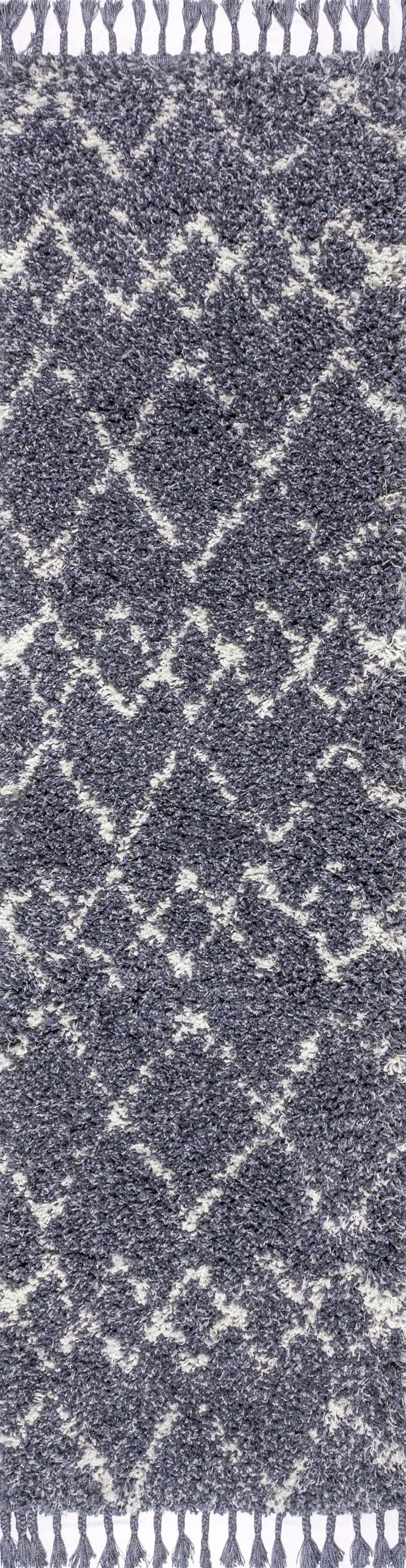 Blue/Cream Moroccan Tribal Geometric Trellis Synthetic Shag Rug