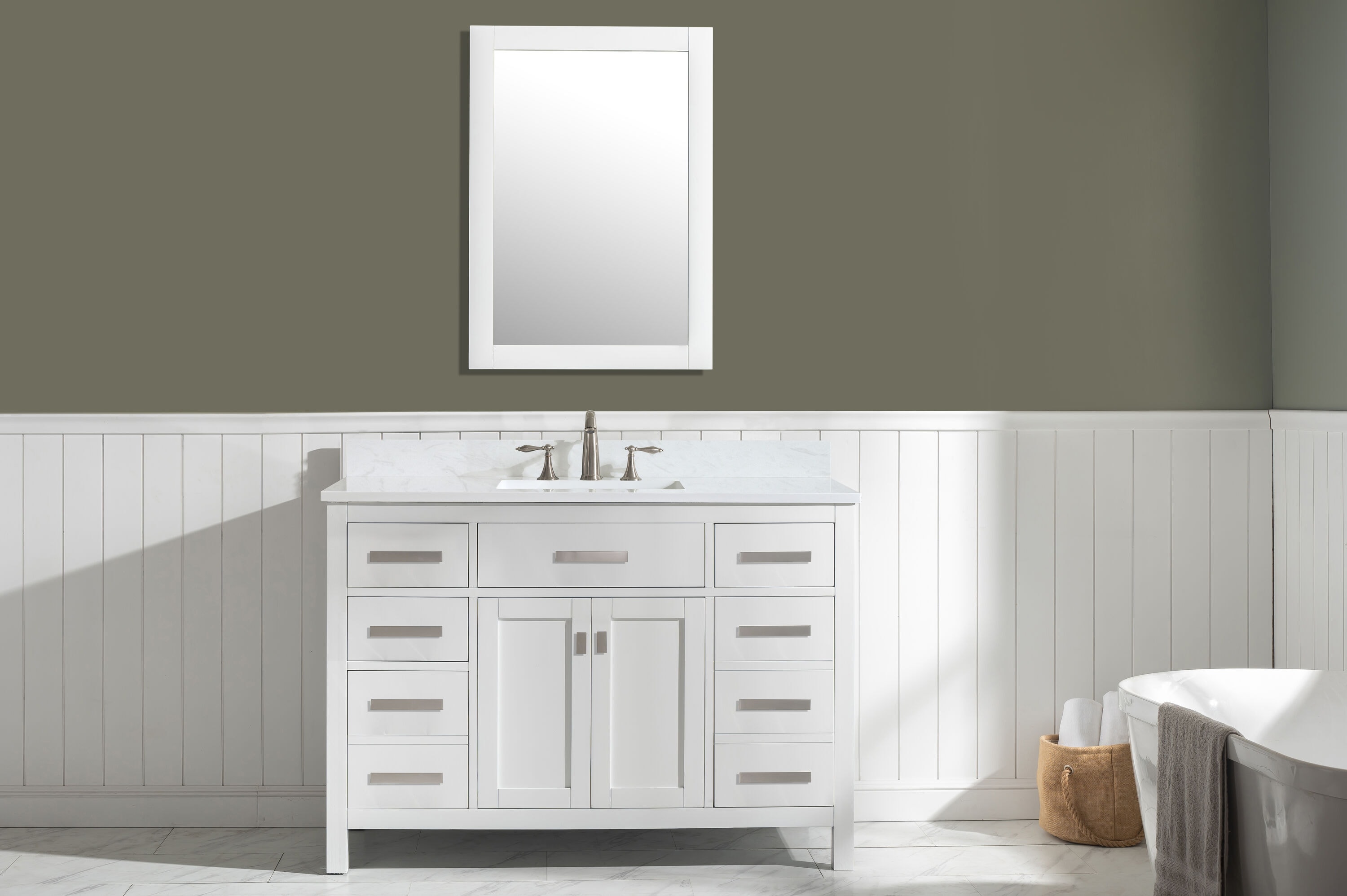 White Quartz Freestanding Single Vanity with Porcelain Sink